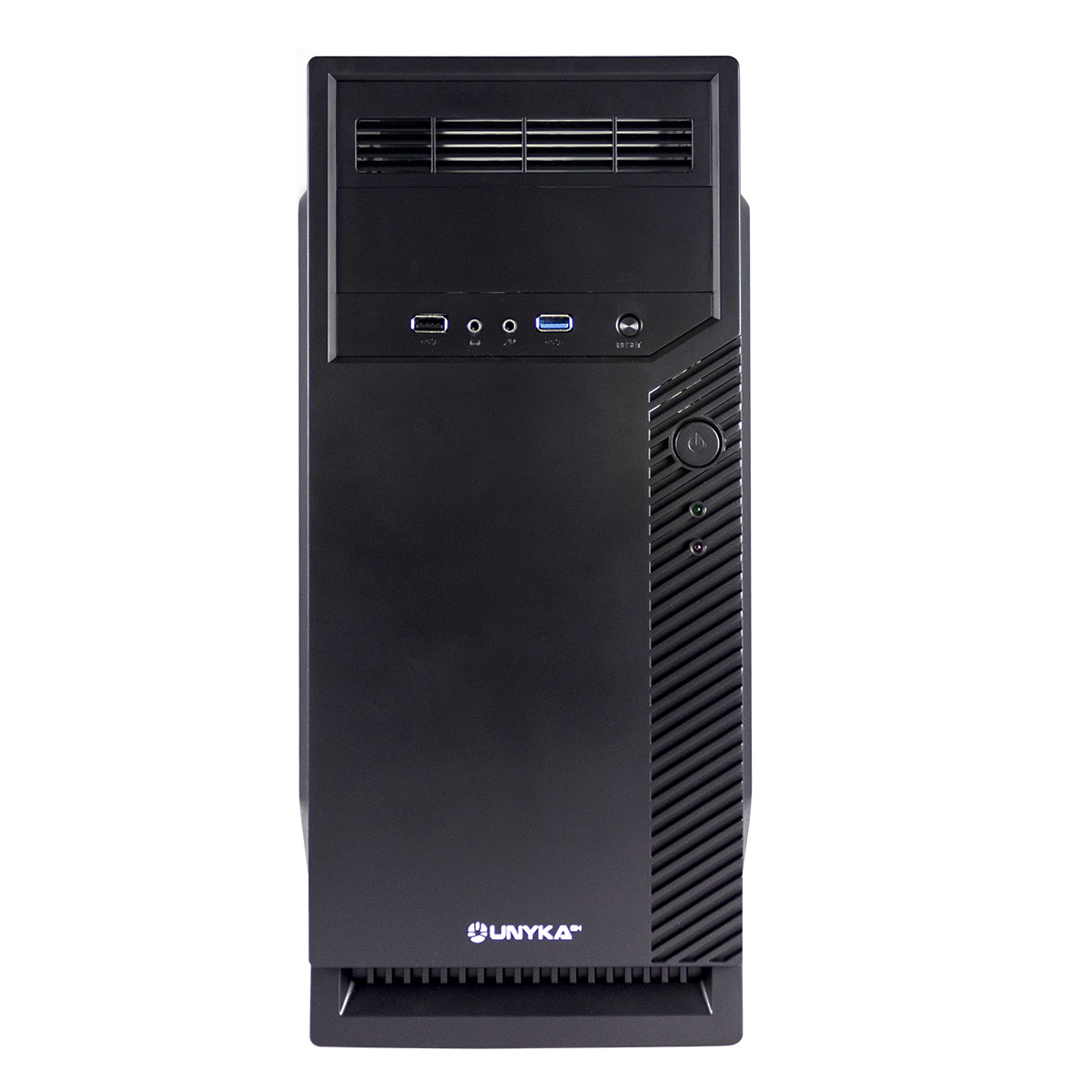 Carcasa de ordenador negra. Tiene un botón de encendido, puertos USB y una rejilla de ventilación en el panel frontal.