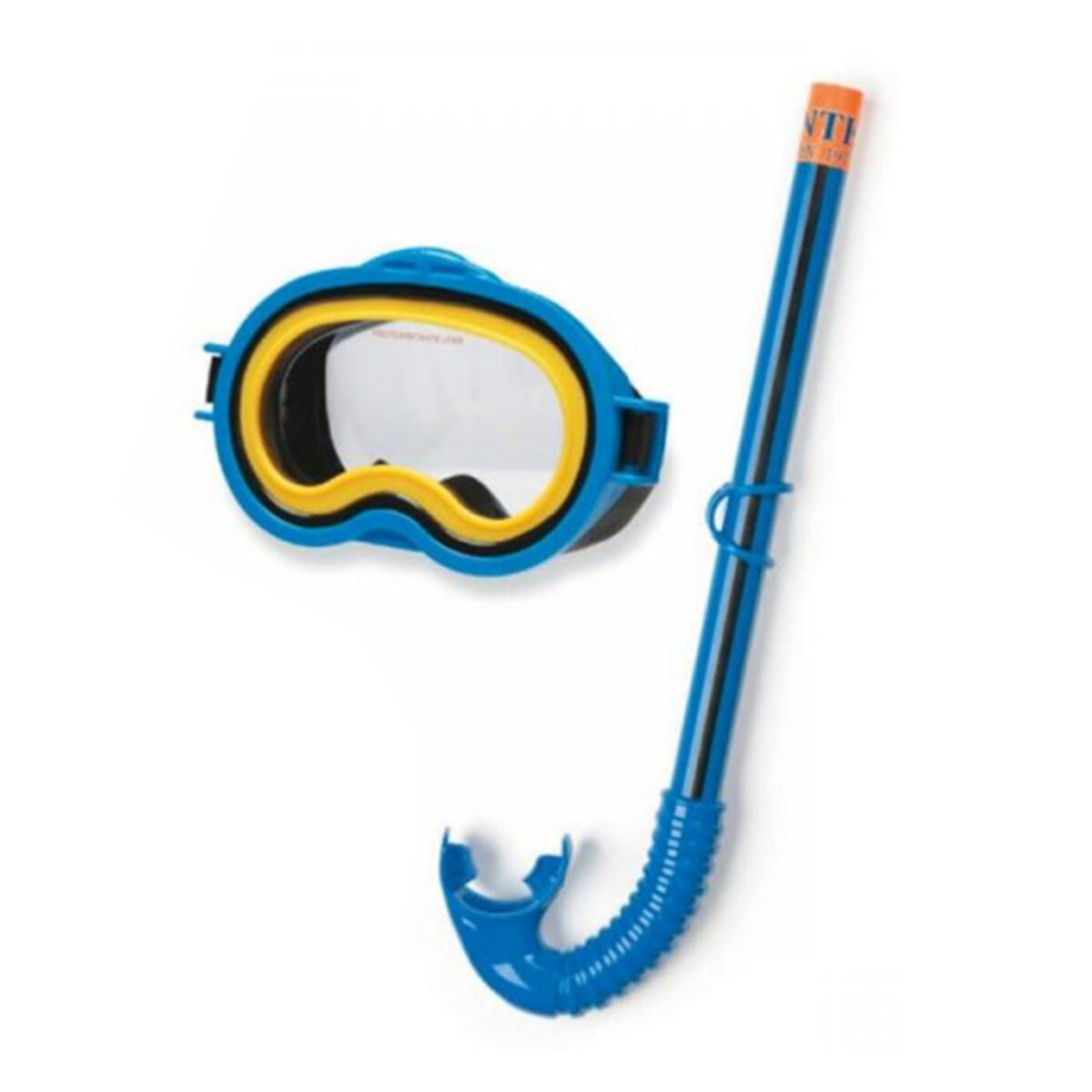 Un set per lo snorkeling blu e giallo su sfondo bianco. Include una maschera e un boccaglio.
