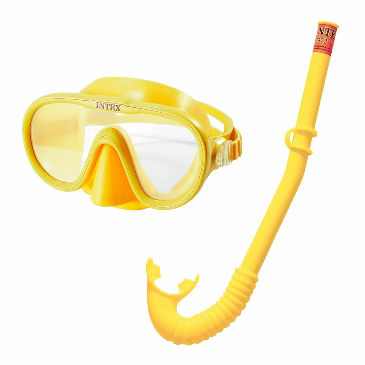 Set di maschera e boccaglio da nuoto giallo. La maschera ha lenti trasparenti. Il boccaglio ha un boccaglio curvo.