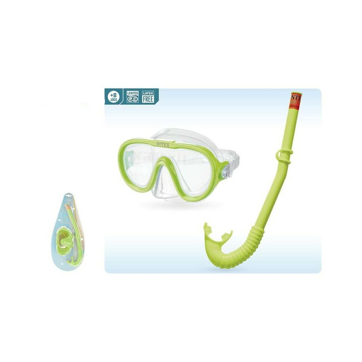 Set maschera e boccaglio da nuoto Intex giallo e verde. Lenti trasparenti e boccaglio curvo.