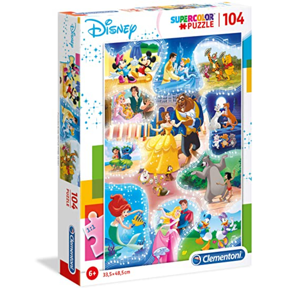 Pudełko z puzzlami z postaciami Disneya. Zawiera sceny z różnych filmów Disneya z kolorowymi ilustracjami.