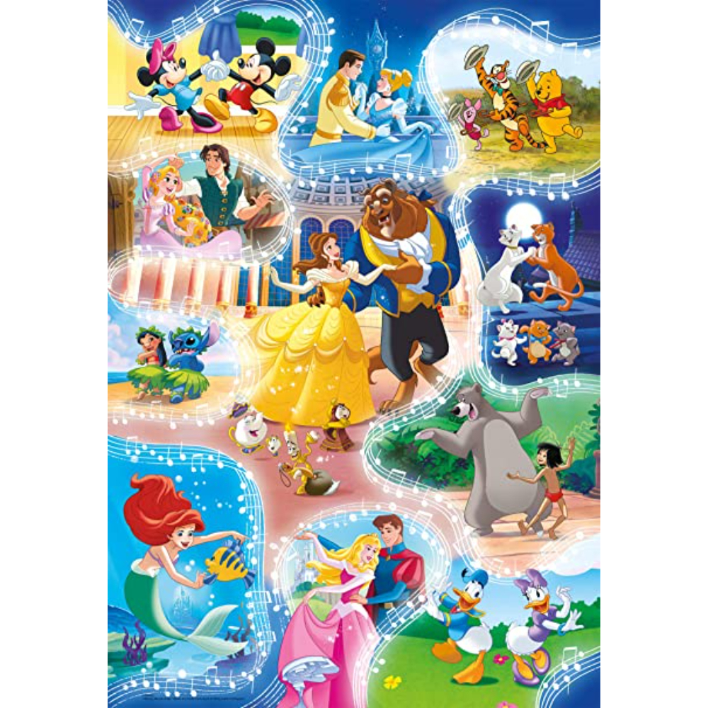 Puzzle Disneya z różnymi postaciami. Sceny obejmują Mickey i Minnie, Belle, Ariel i inne.