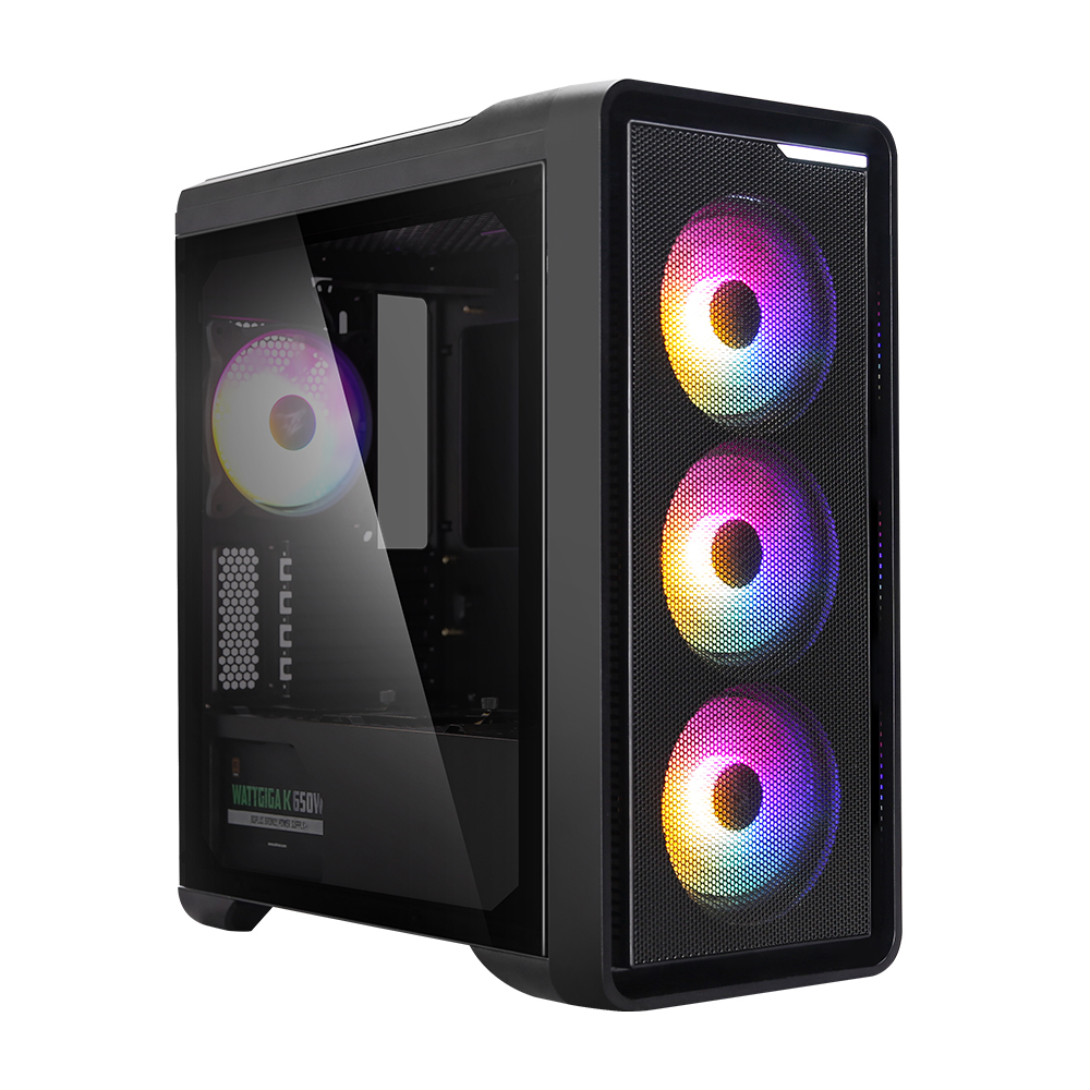 Zwarte computerkast met RGB-ventilatoren. De kast heeft een glazen zijkant en een gaas voorpaneel met lichten.