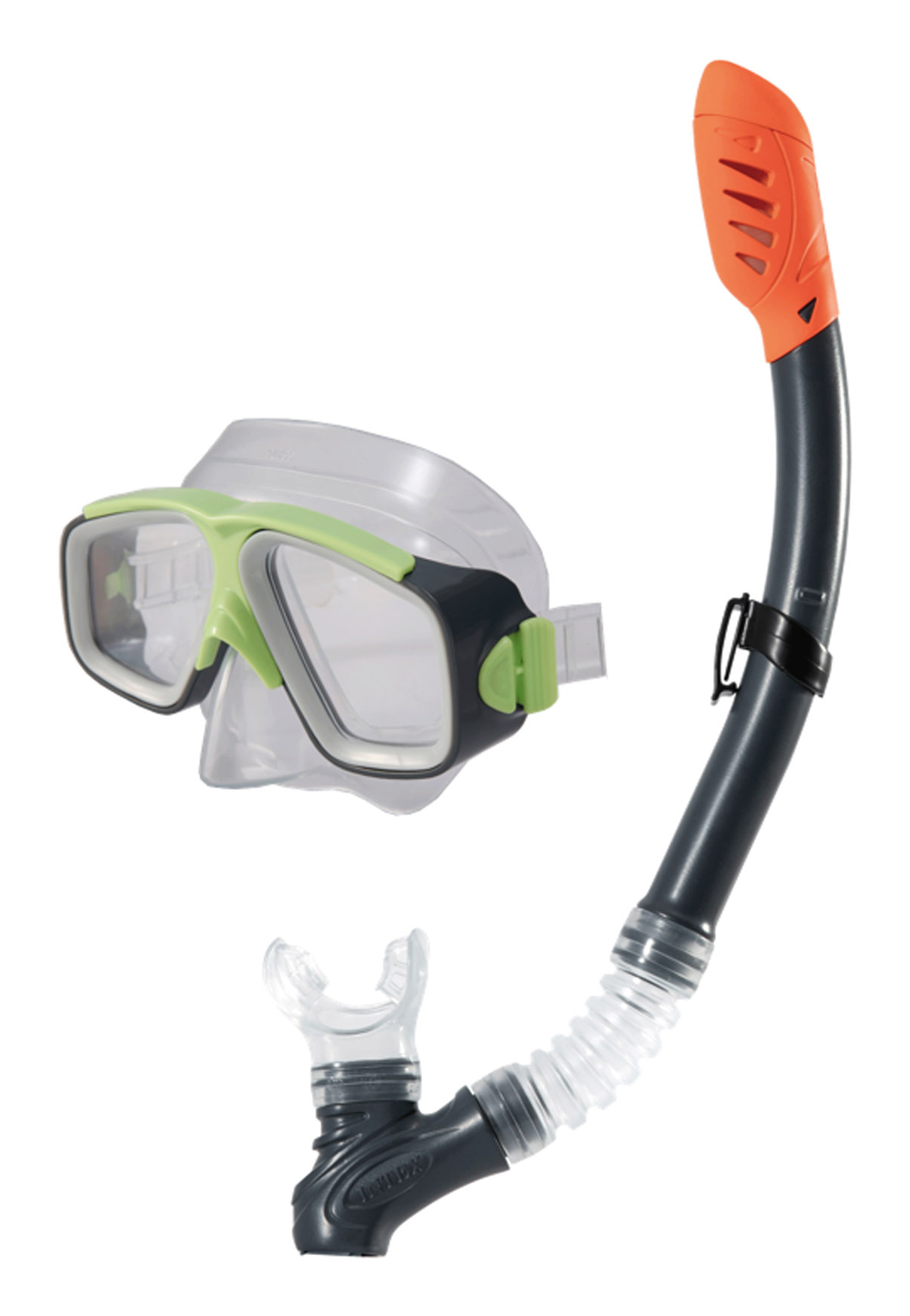 Un set di maschera e snorkel. La maschera è verde e nera, lo snorkel nero e arancione, su sfondo bianco.
