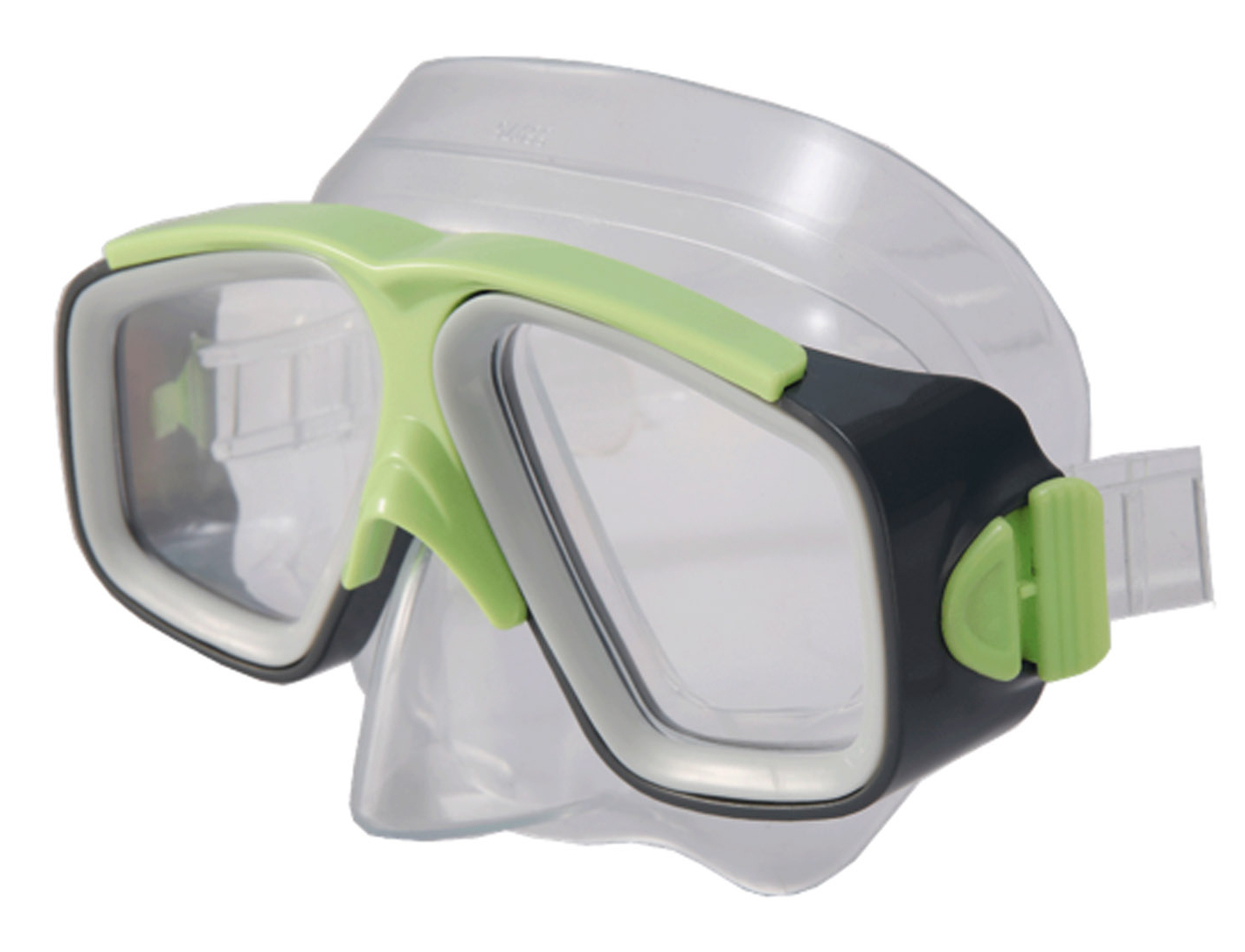 Maschera subacquea con montatura verde e dettagli neri. Lenti trasparenti, sfondo bianco.