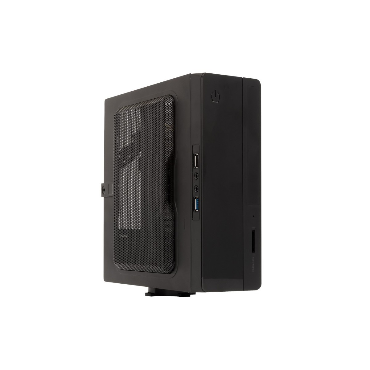 Case per computer nero con pannello laterale a rete. Porte e pulsante di accensione visibili.