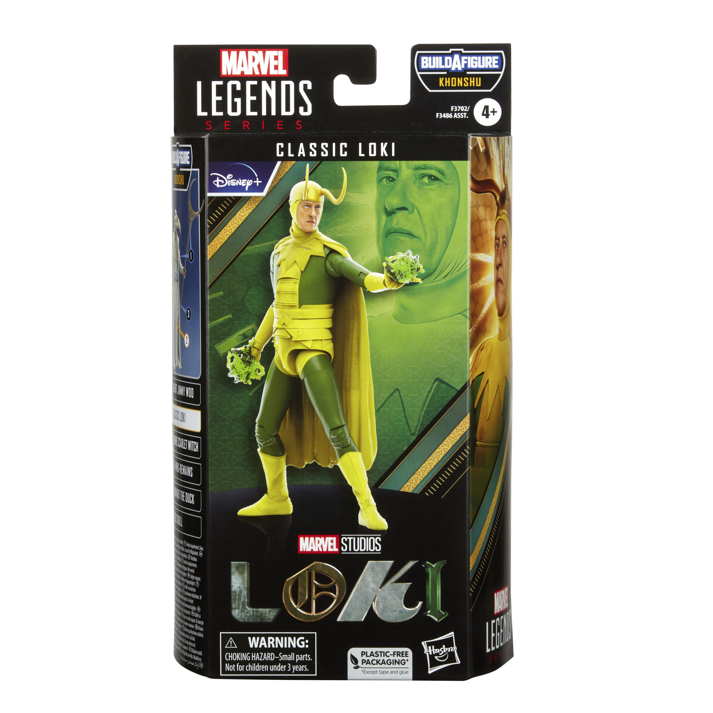 Figurka Loki Marvel Legends w pudełku. Zielono-żółty strój. Białe tło.