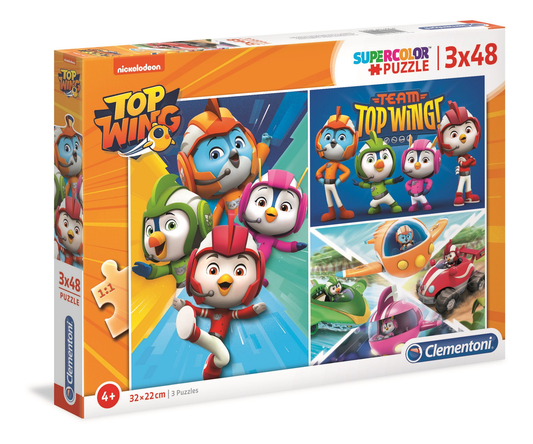 Pudełko z puzzlami Top Wing przedstawiające postacie. Białe tło.