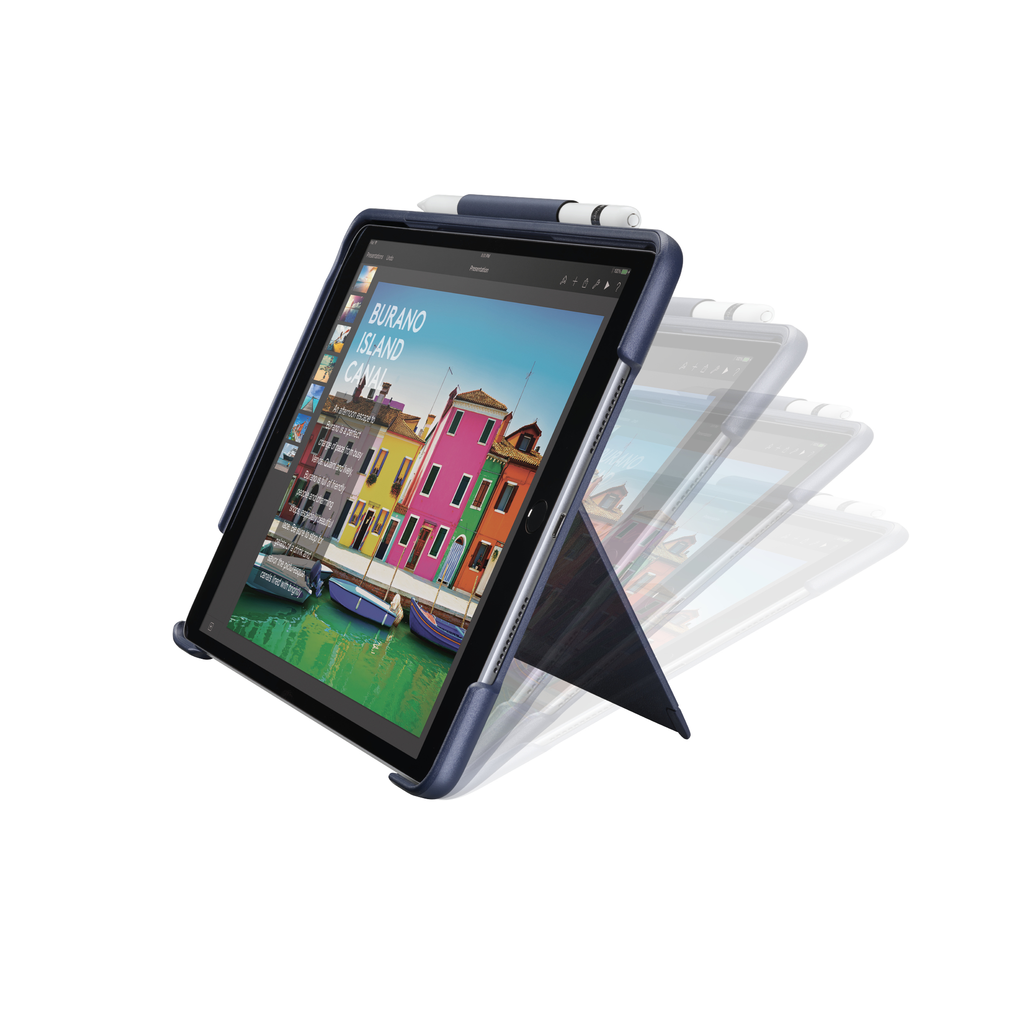 Tablet mit Tastaturhülle, Bildschirm zeigt Kanalszene.