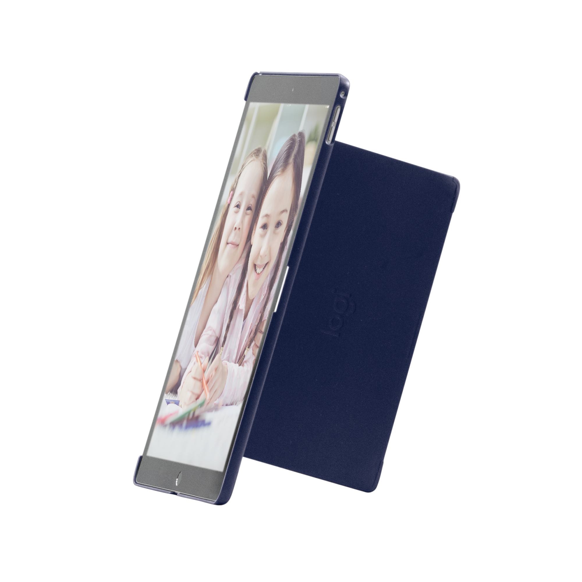 Blaues Tablet-Case mit einem Tablet, das zwei Mädchen zeigt.