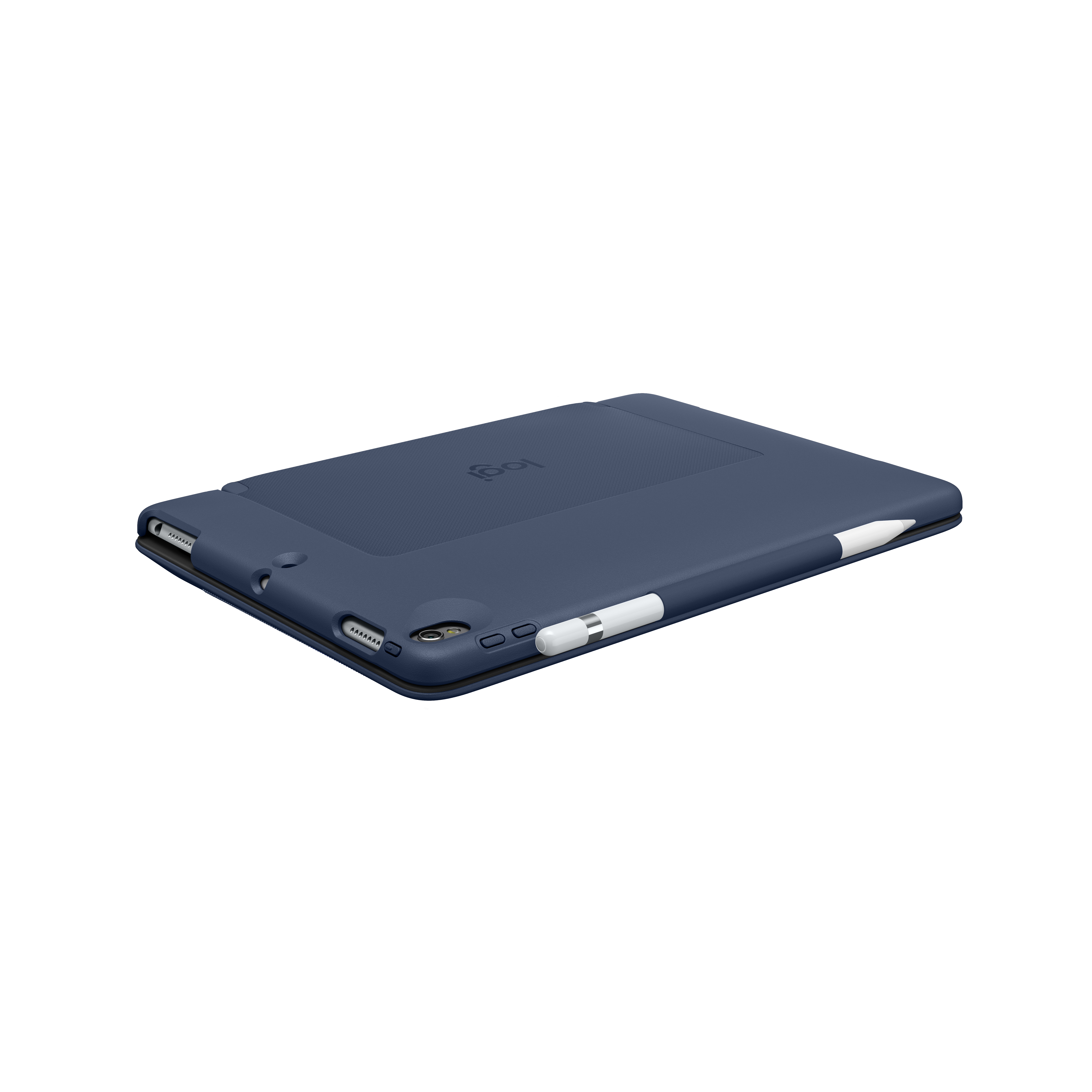 Eine geschlossene dunkelblaue iPad-Hülle mit weißem Stift, auf weißem Untergrund.