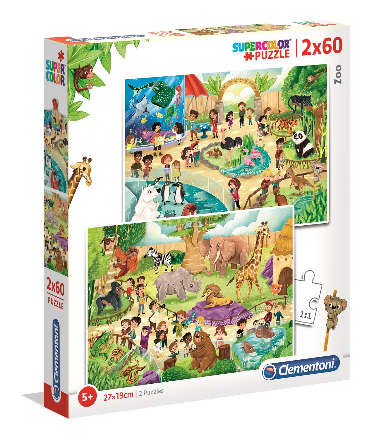 Een puzzeldoos met dierentuinfoto's, met verschillende dieren en mensen.