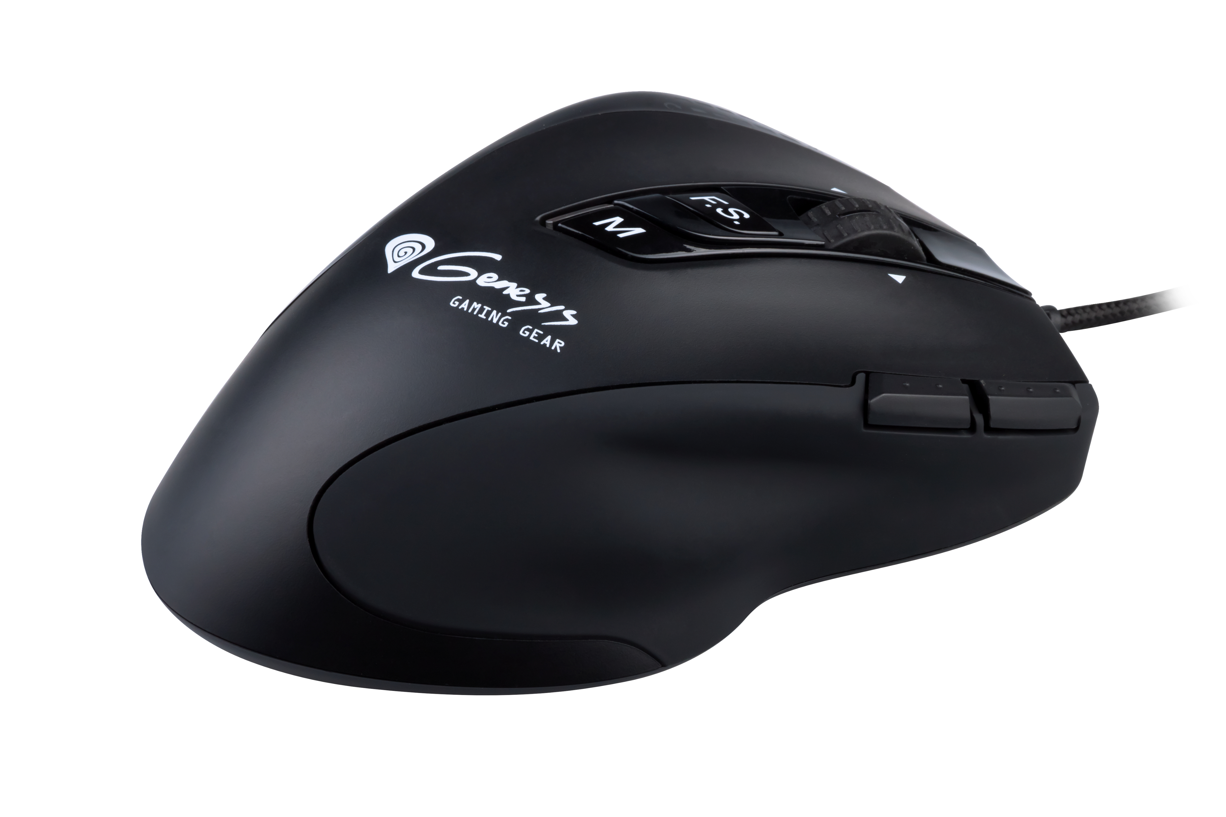 Un ratón gaming negro con logo Genesis, múltiples botones y rueda de desplazamiento.