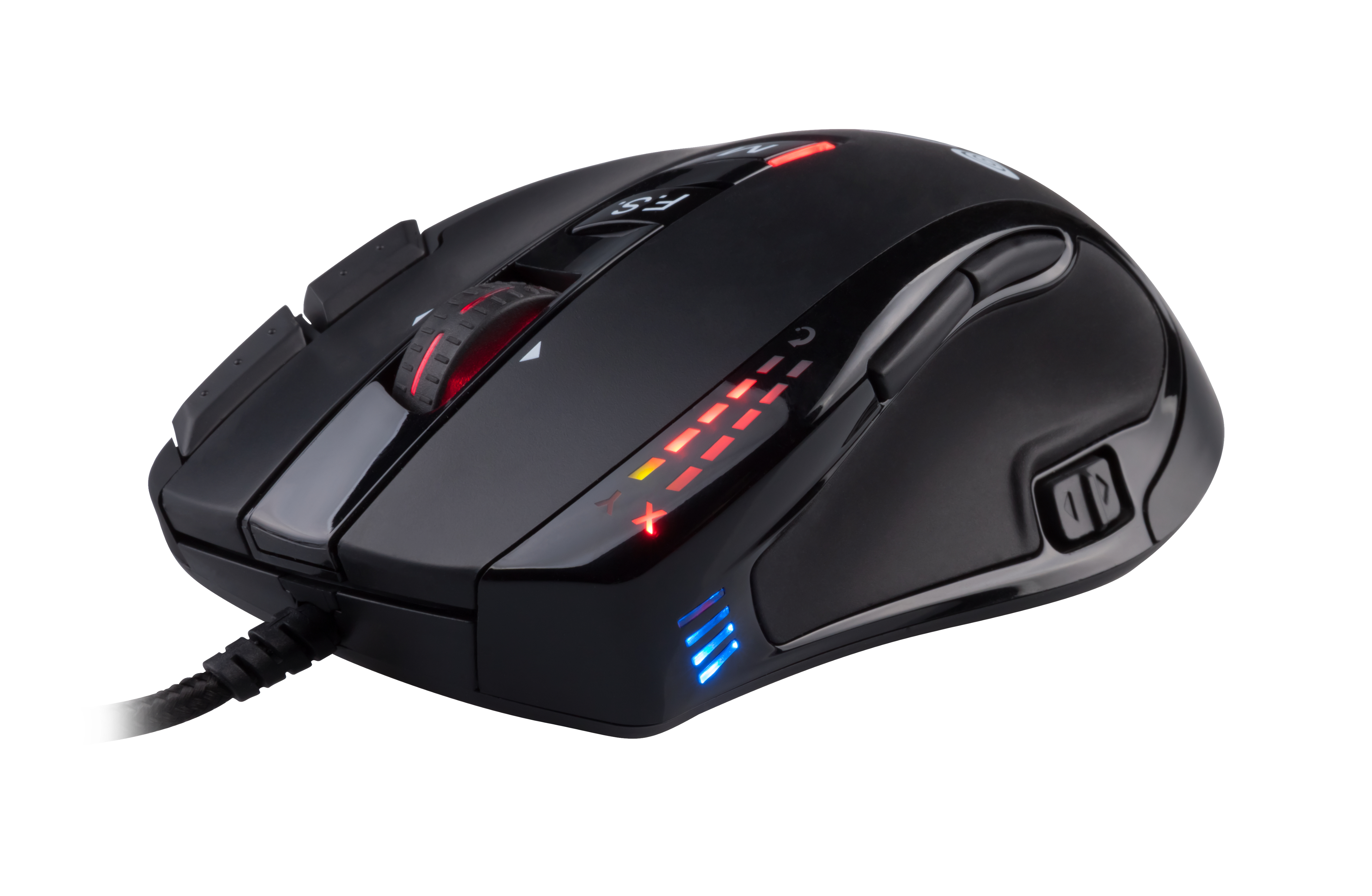 Ratón gaming negro con luces rojas y azules.