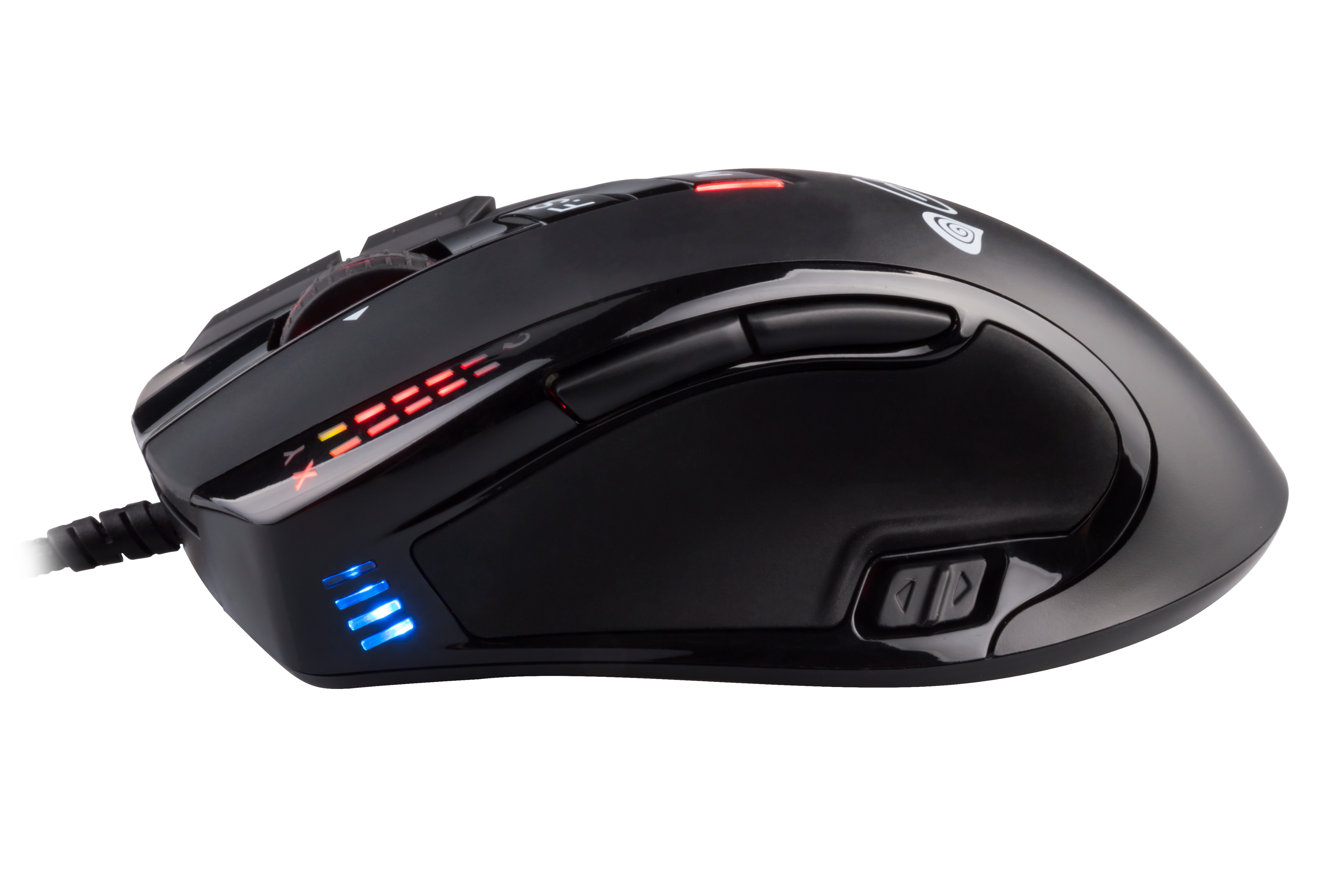 Ratón gaming negro con luces rojas y azules. Botones y rueda de desplazamiento. Con cable.