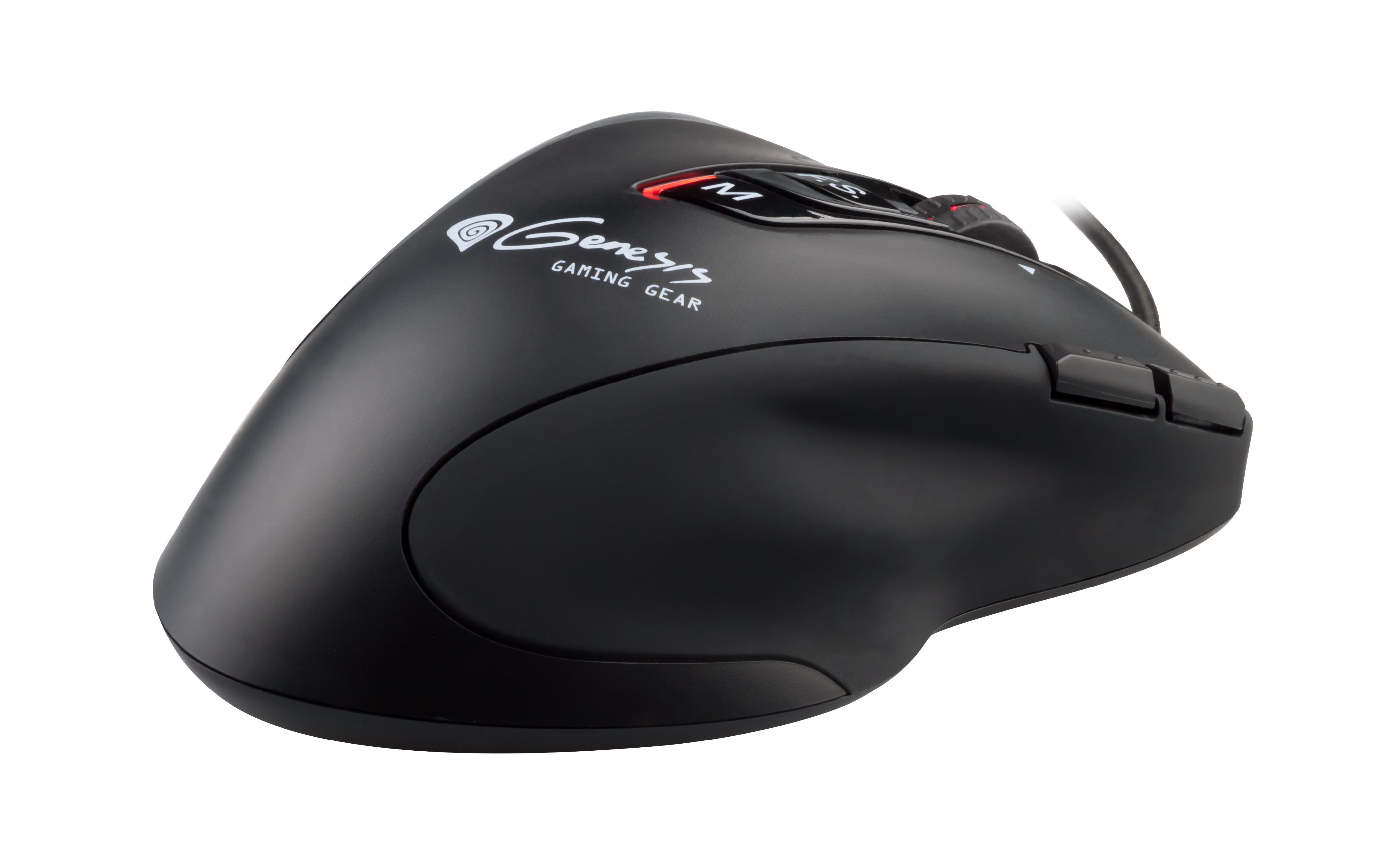 Un ratón gaming negro con el logo Genesis y múltiples botones, fondo blanco.