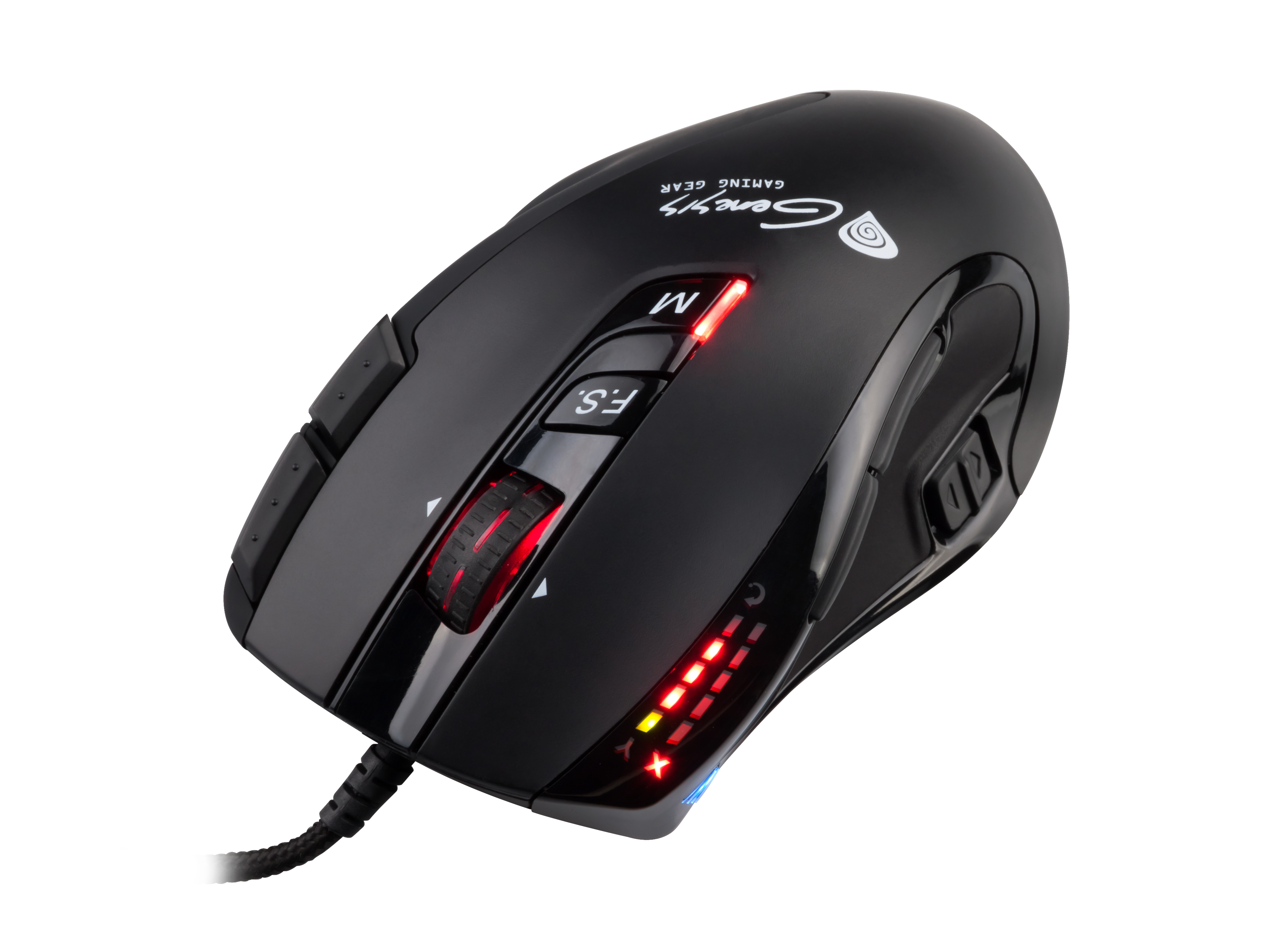 Ratón para juegos negro con luces rojas y azules y múltiples botones sobre fondo blanco.