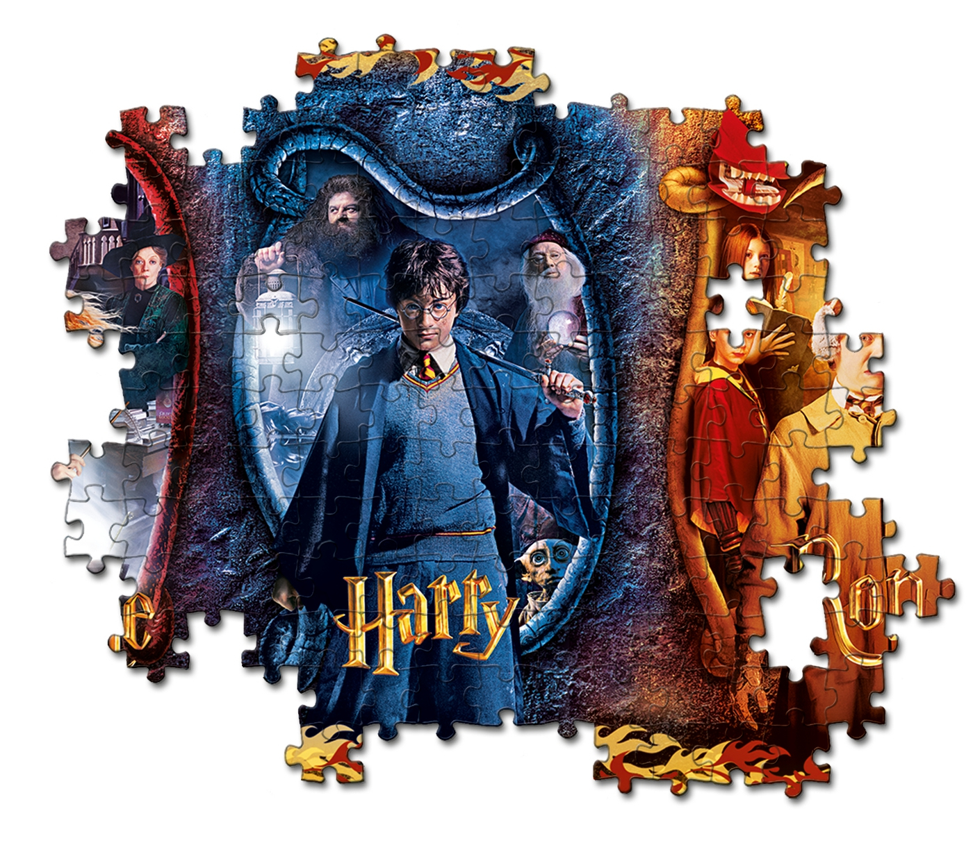 Częściowo złożone puzzle z motywem Harry'ego Pottera, z Harrym, Dumbledorem i innymi postaciami.