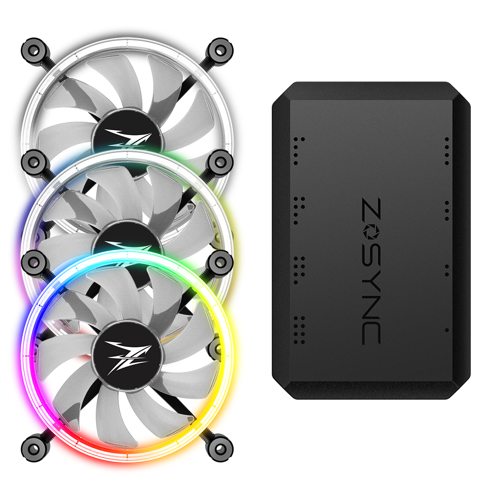 Three computer fans with RGB lighting and a black square, isolated on white.