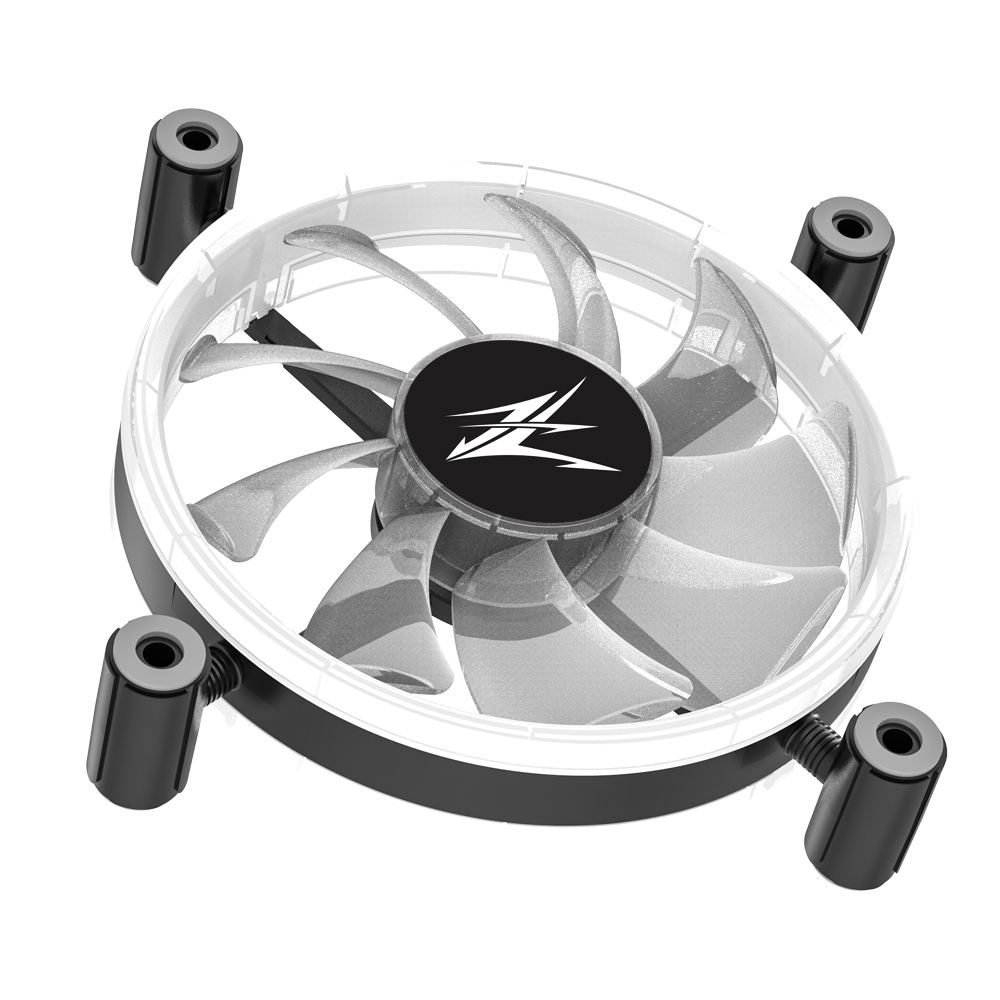 Computer fan with multiple blades. It has a black and white frame with four mounting posts.
