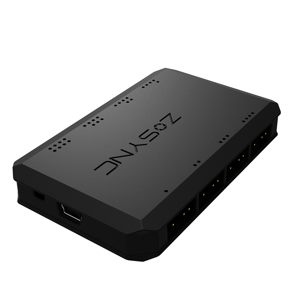 A black rectangular ZOSYNC device with a label, with several ports visible on the right side.