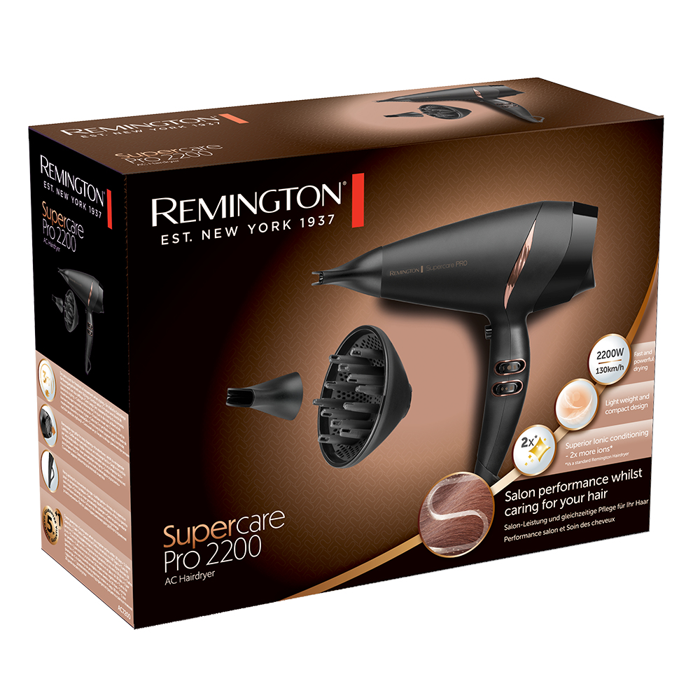 Saç kurutma makinesi kutusu, pembe altın vurgulu siyah saç kurutma makinesi. Ekler içerir. Marka Remington.