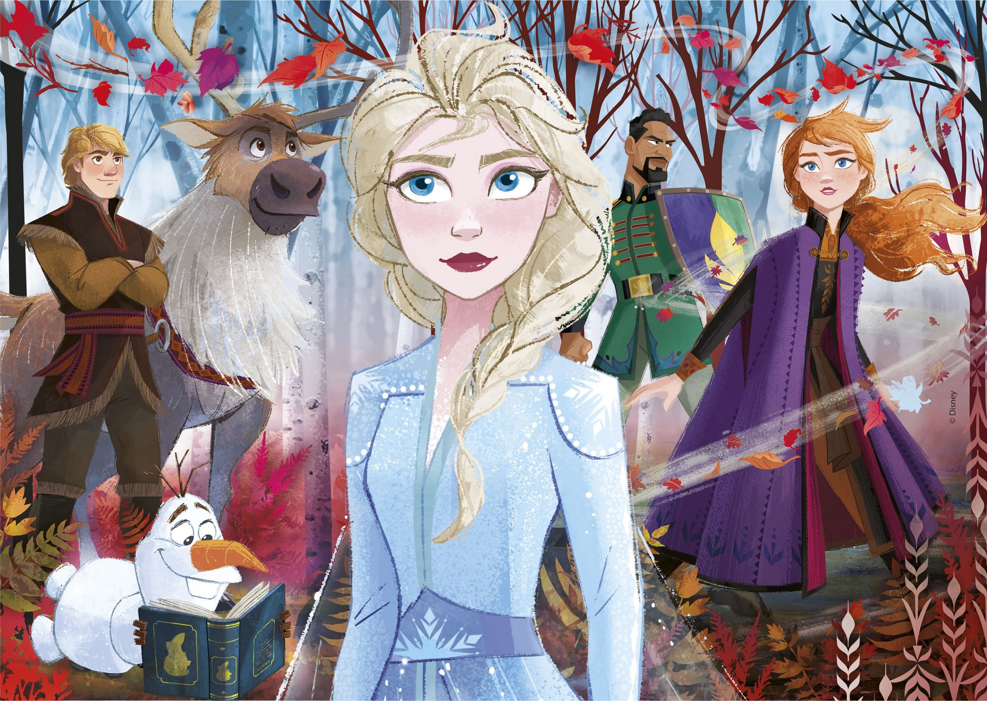 Elsa i Anna z Krainy Lodu 2 z innymi postaciami, w leśnym otoczeniu z jesiennymi kolorami.