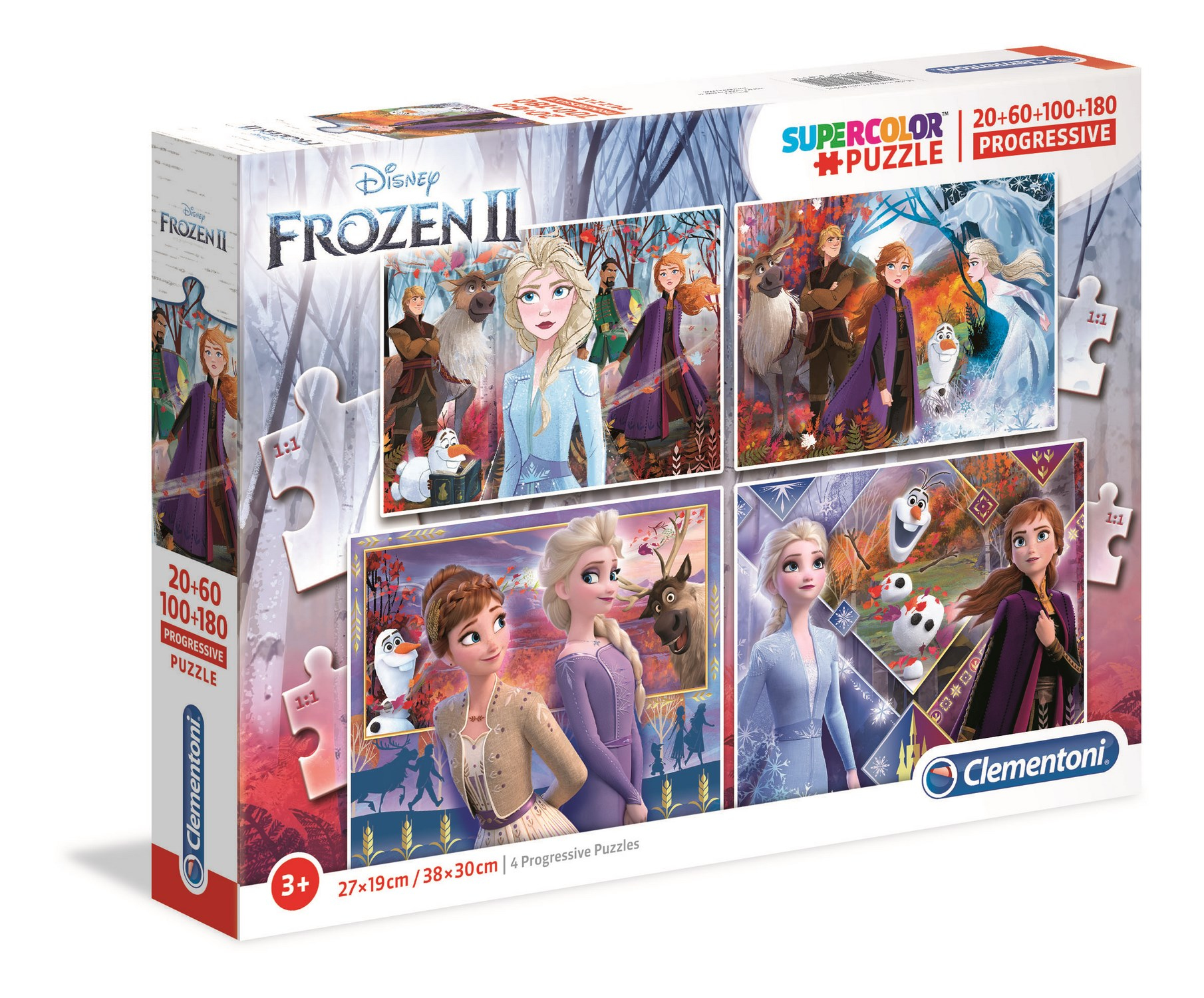 Pudełko z puzzlami Frozen II z czterema obrazkami: Elsa, Anna, Kristoff, Olaf. Dla dzieci 3+.