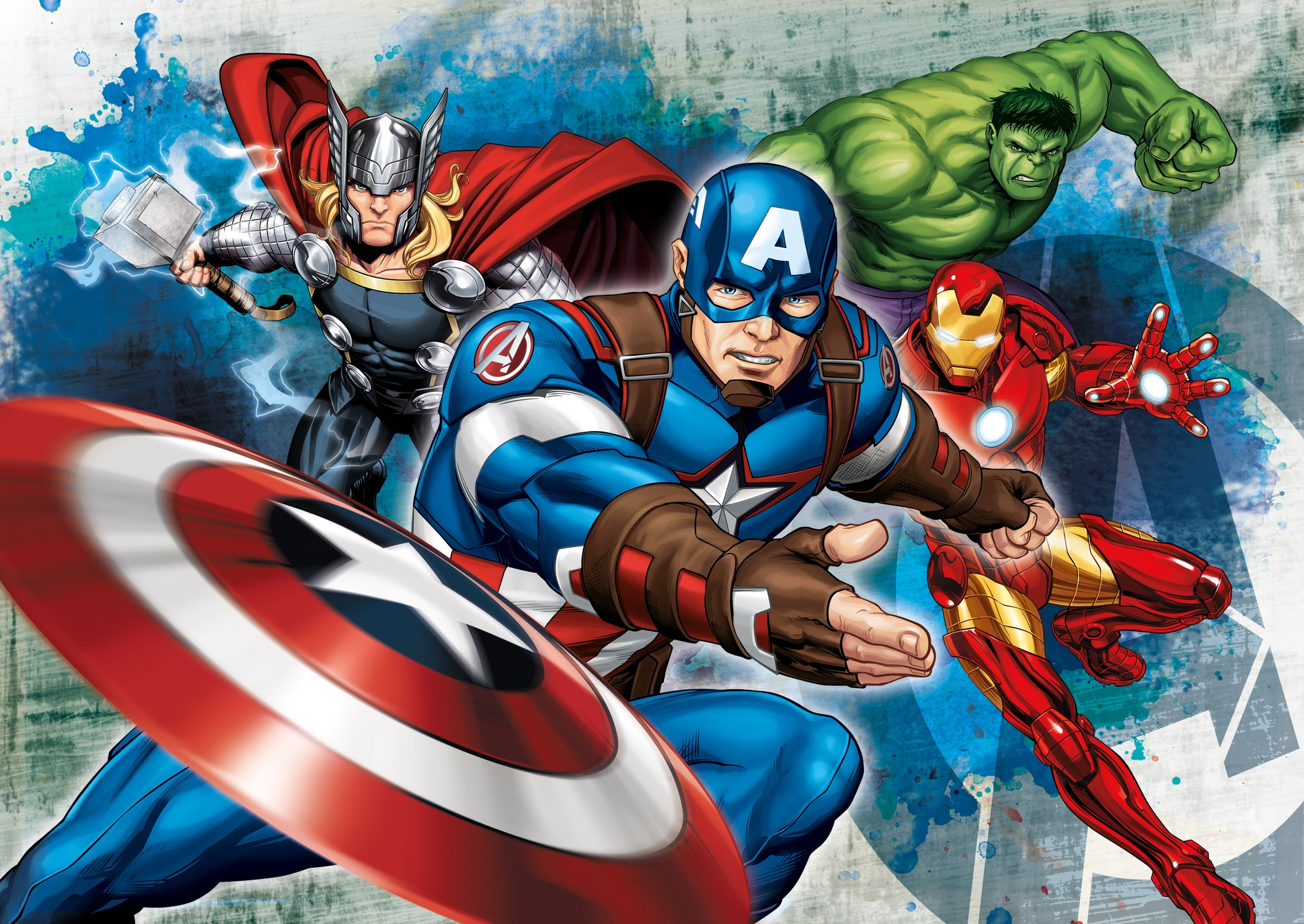 Avengers, zbierzcie się! Kapitan Ameryka, Iron Man, Thor i Hulk w akcji, w stylu komiksowym.