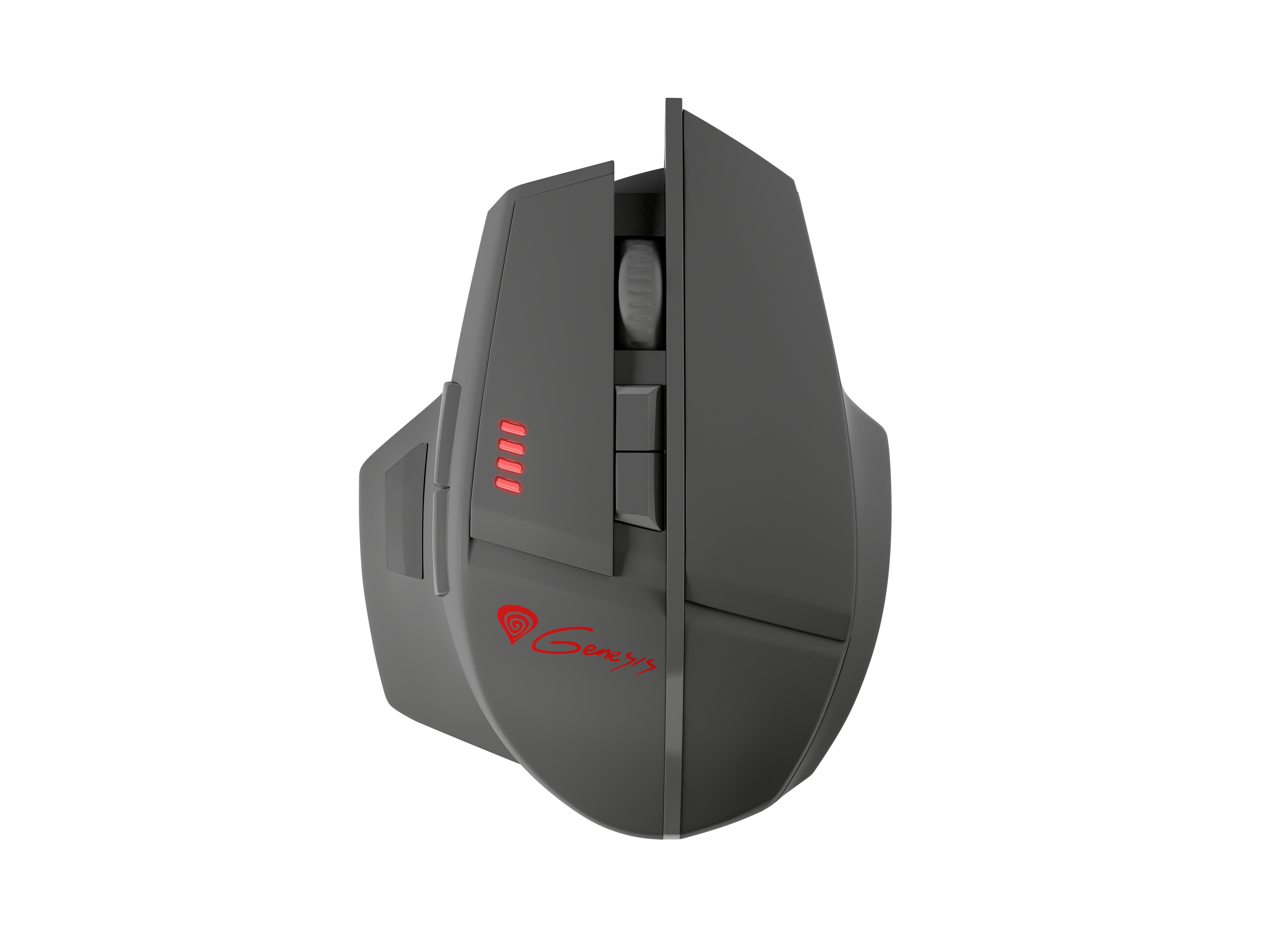 Czarna mysz gamingowa Genesis. Widok z prawej strony, z czerwonym logo Genesis.