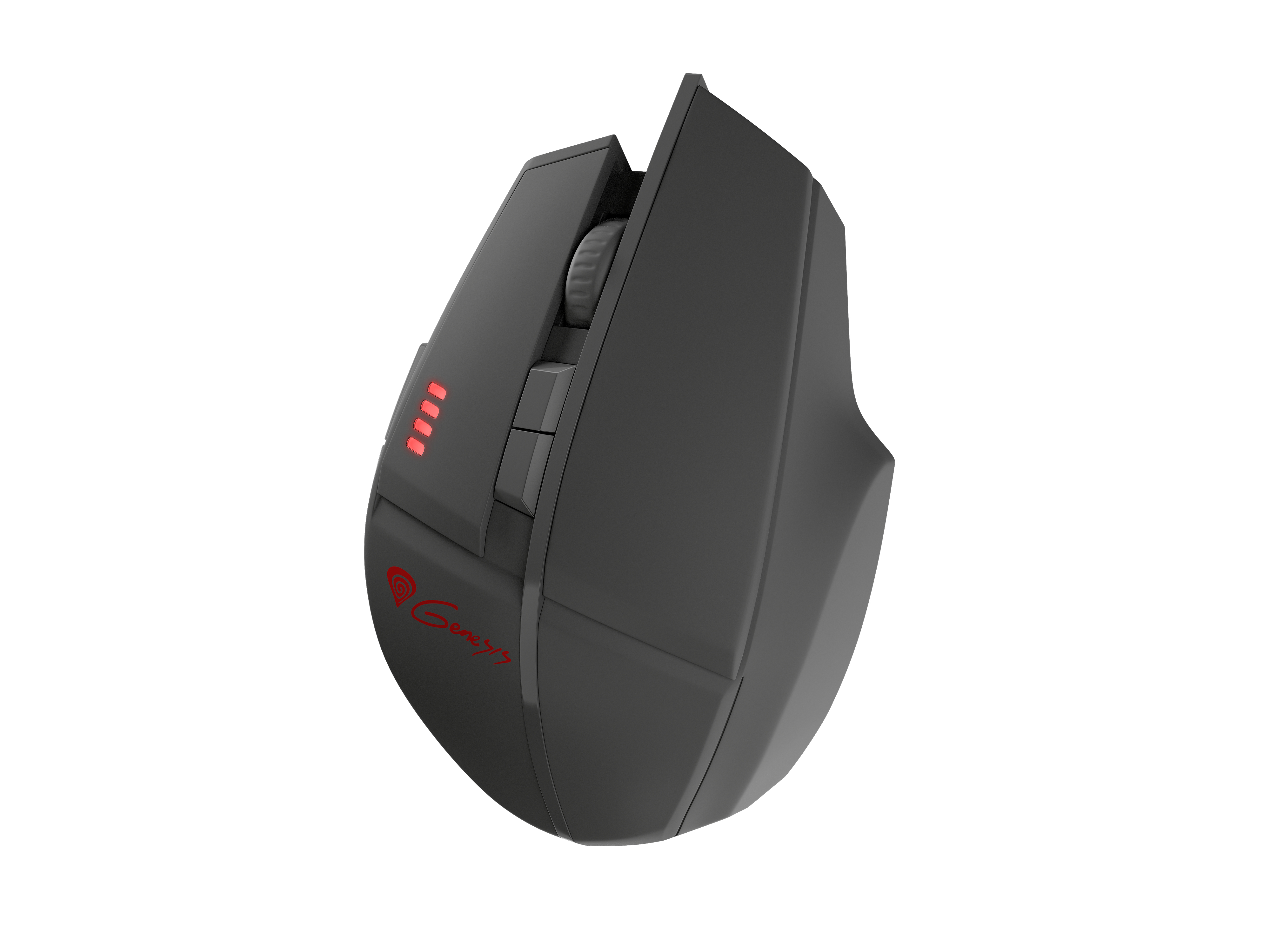 Czarna mysz do gier z czerwonymi akcentami i kółkiem przewijania.
