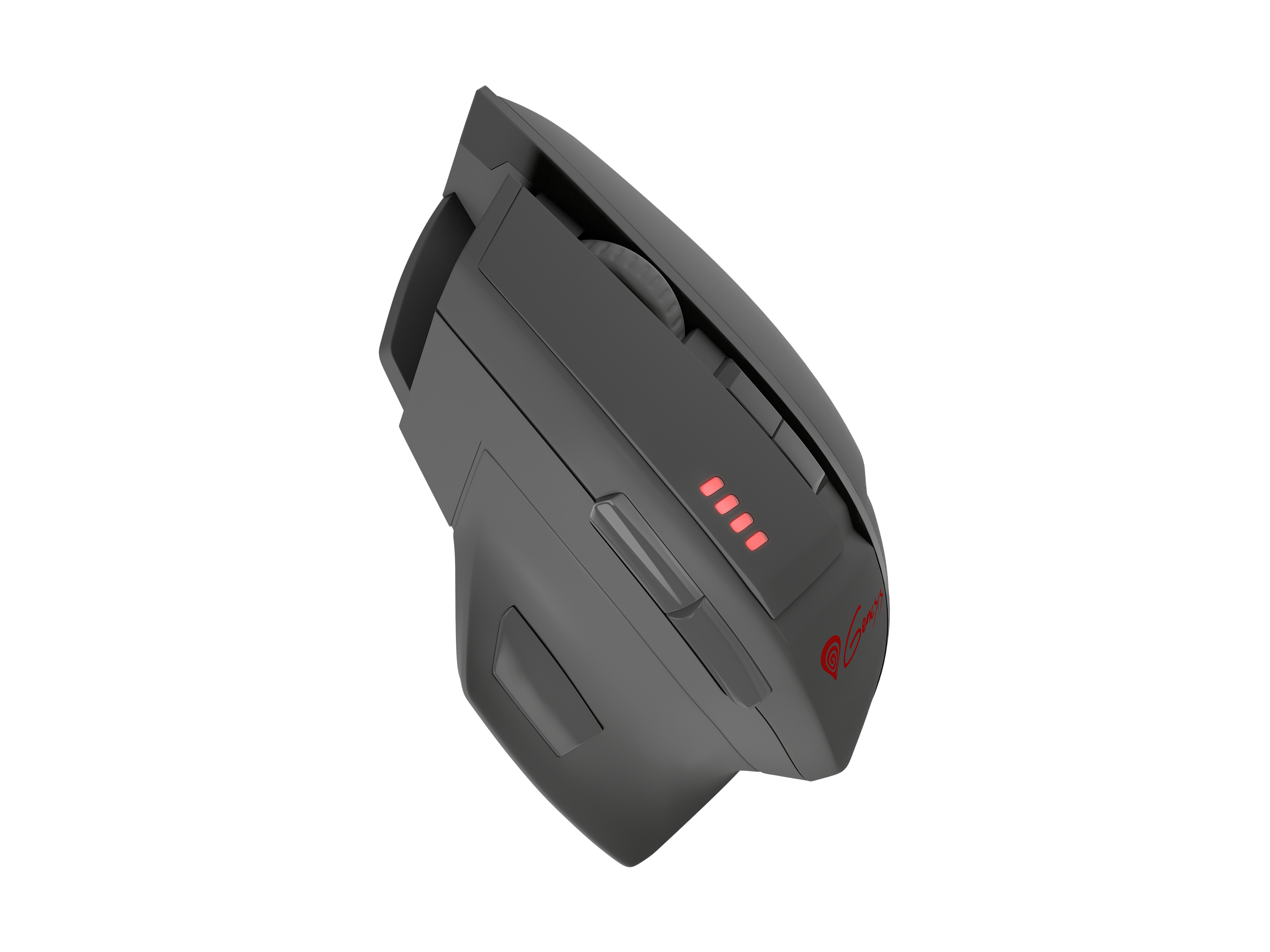 Czarna mysz ergonomiczna z czerwonymi światłami, widok z góry.