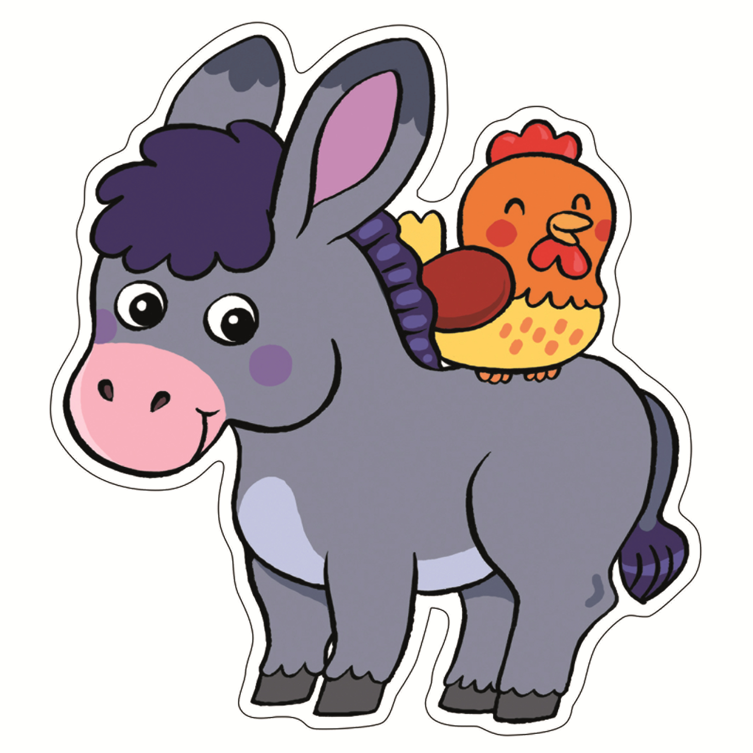 Un burro de dibujos animados con un pollo en la espalda, sonriendo.