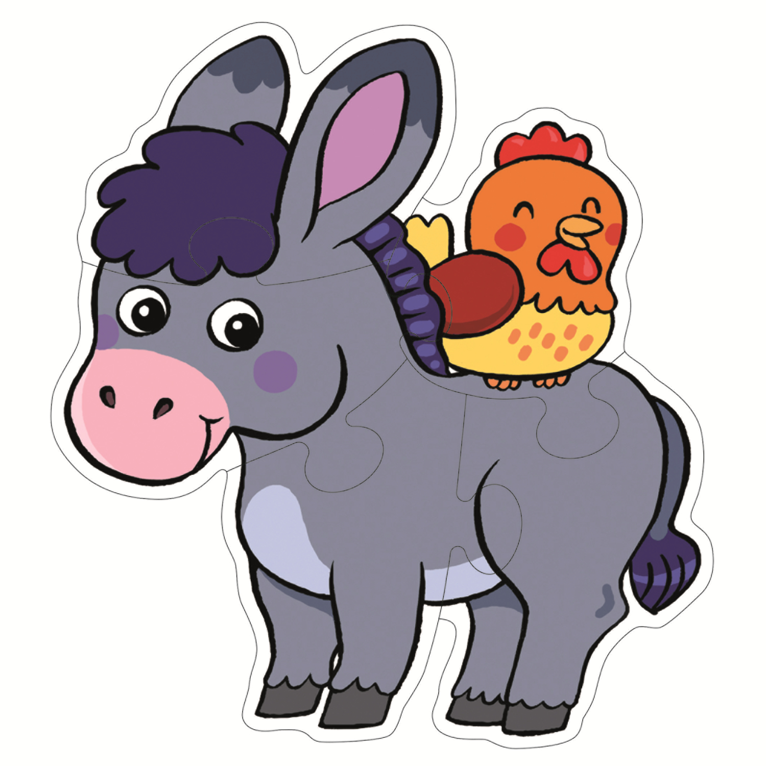 Una pieza de rompecabezas de un burro y un pollo. El burro es gris y el pollo es amarillo y rojo.