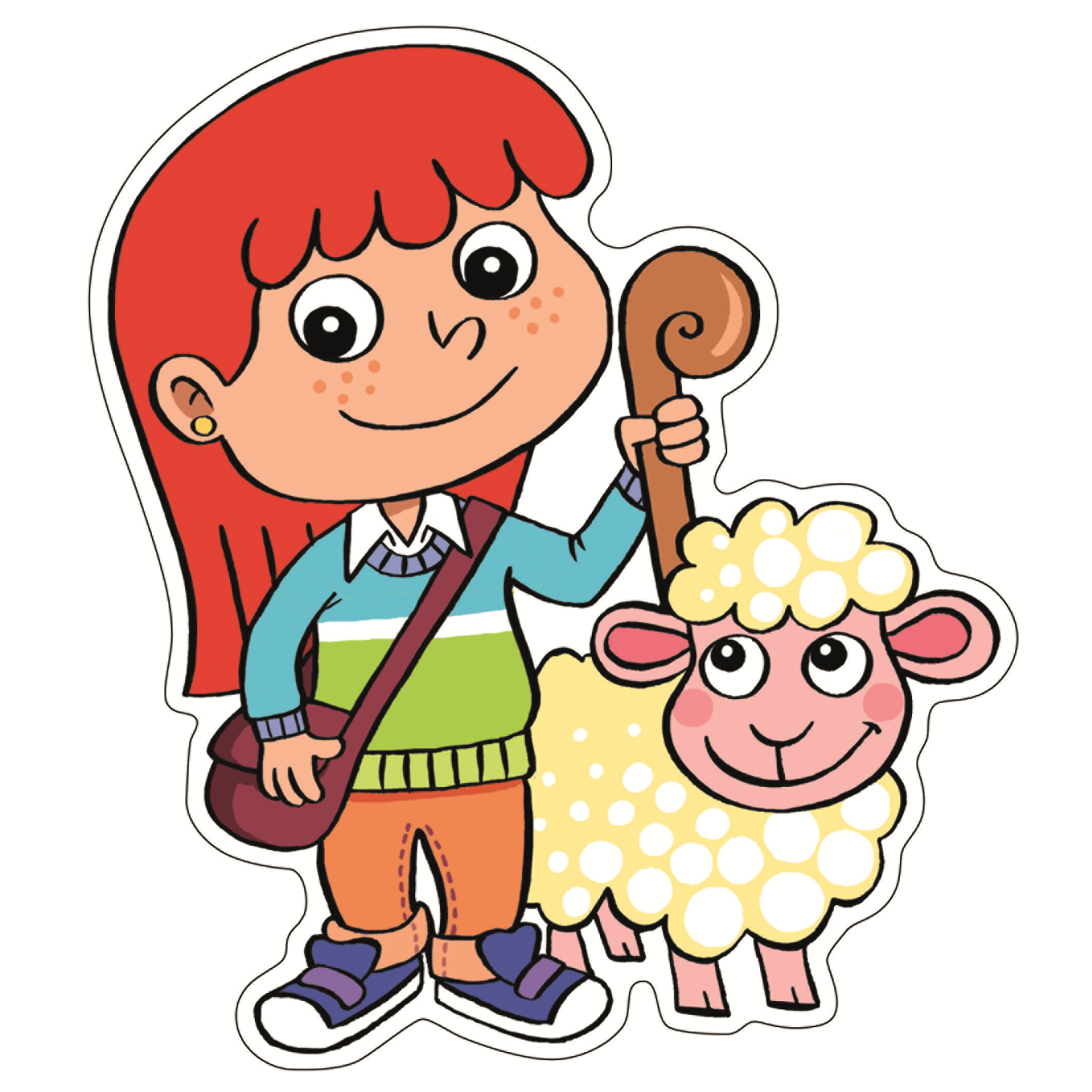 Una niña de dibujos animados con pelo rojo y una oveja, ambos sonriendo.