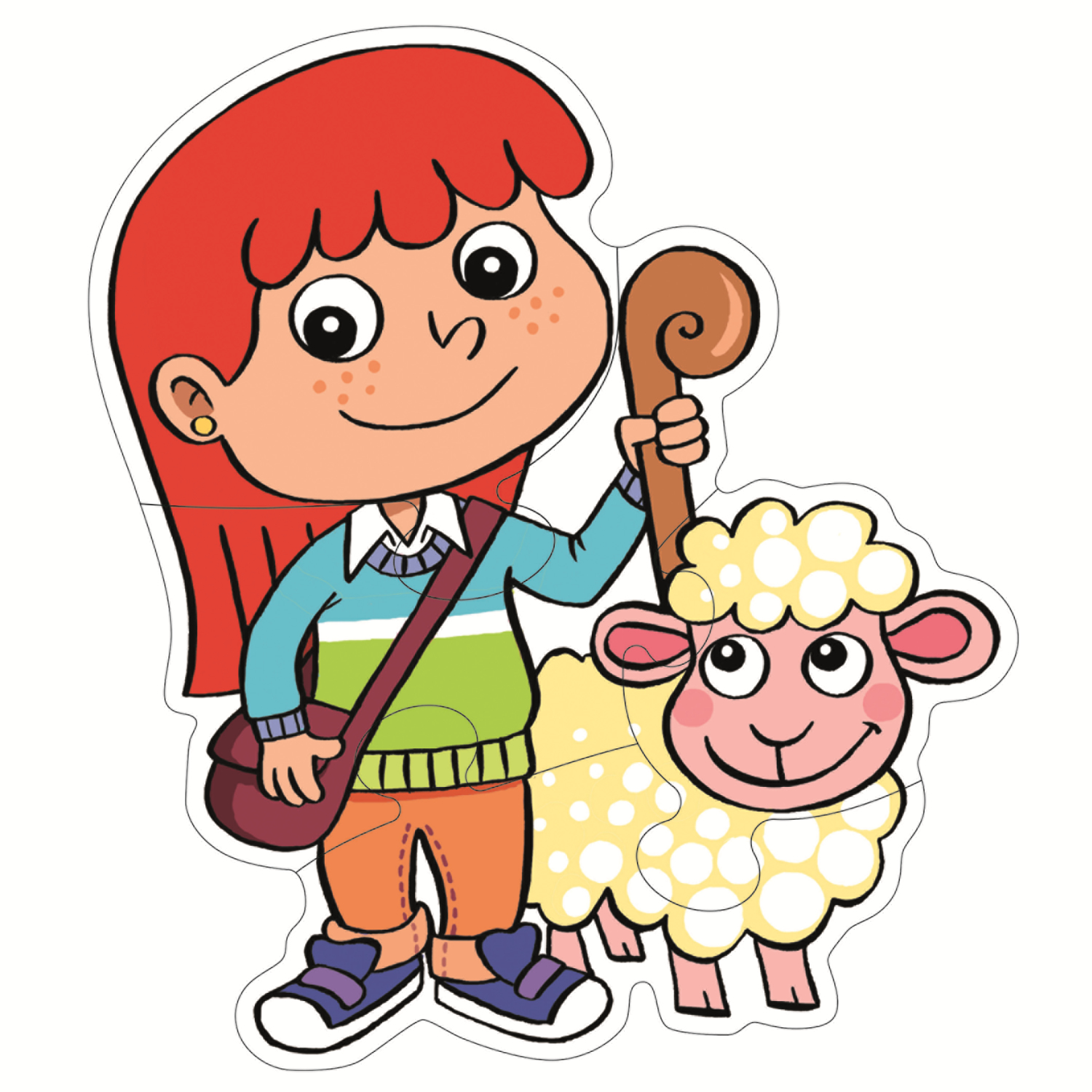 Rompecabezas de niña con pelo rojo y oveja. La niña sostiene un bastón y una bolsa. La oveja tiene una cara feliz.