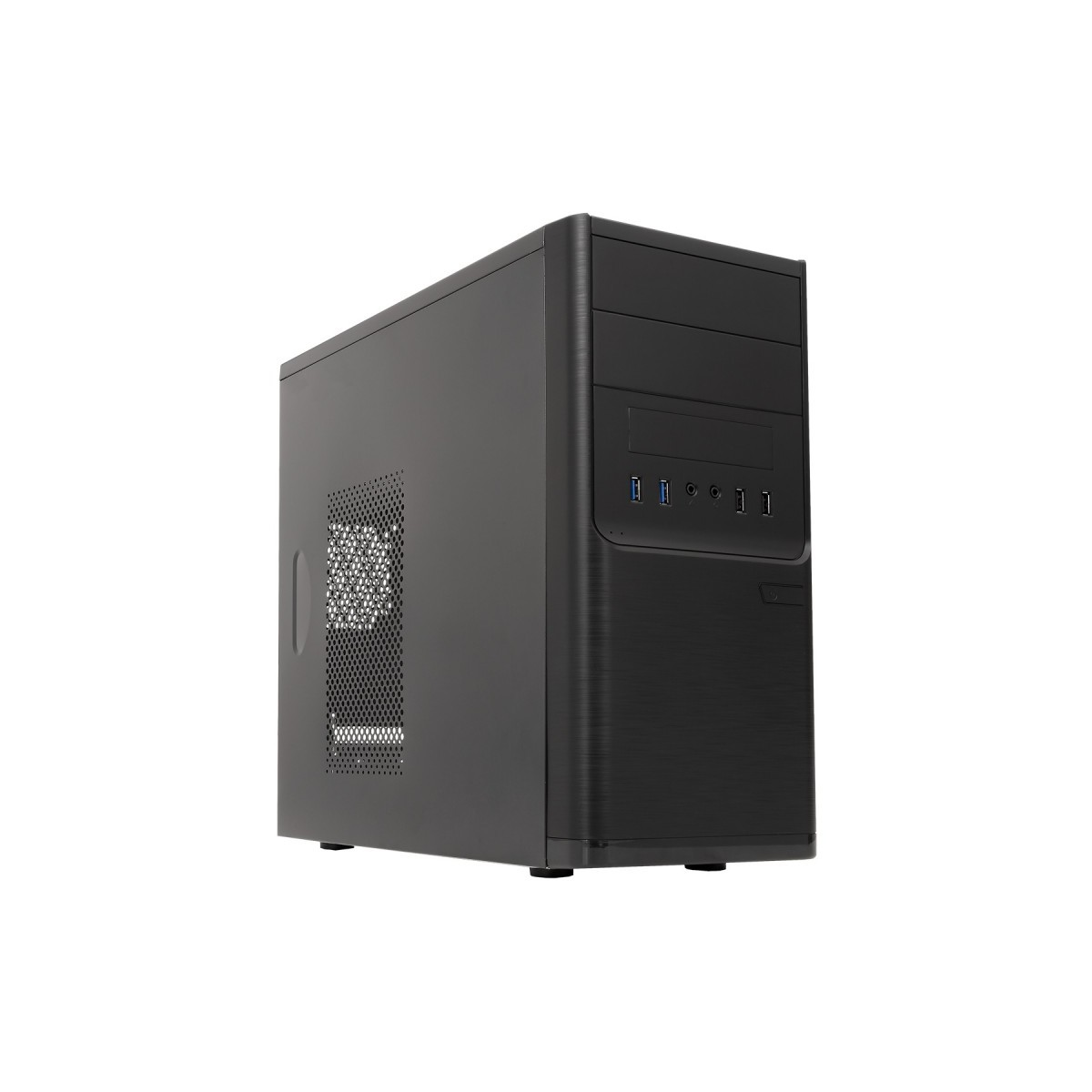 Un case per computer nero con un design elegante e tre porte USB, su sfondo bianco.