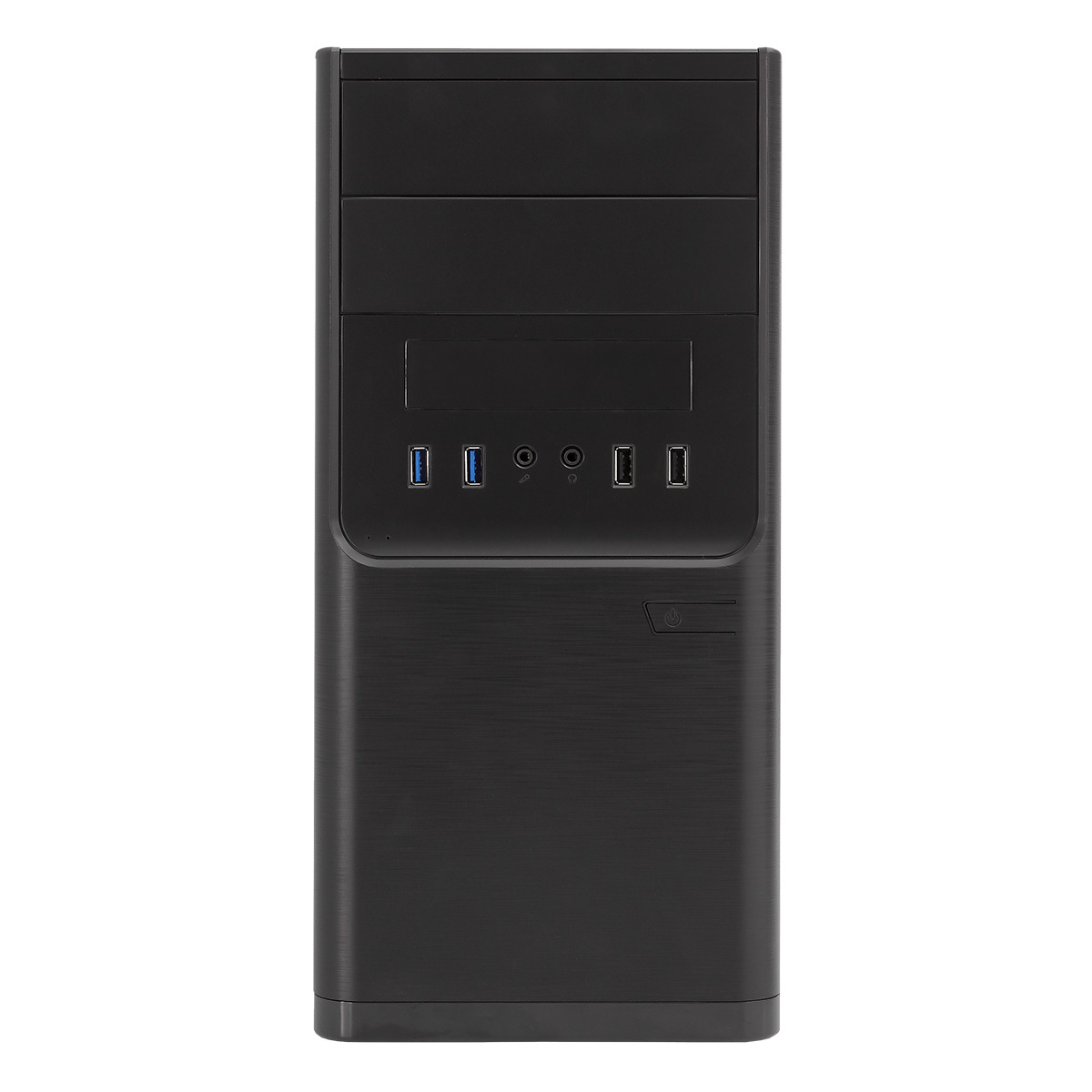 Case nero per computer con porte USB e pulsante di accensione. Pannello frontale con un design verticale ed elegante.