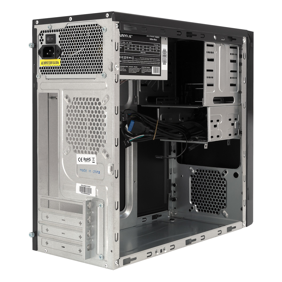 L'interno di un case per computer. Alimentatore in alto, varie slot e porte, e cavi all'interno.