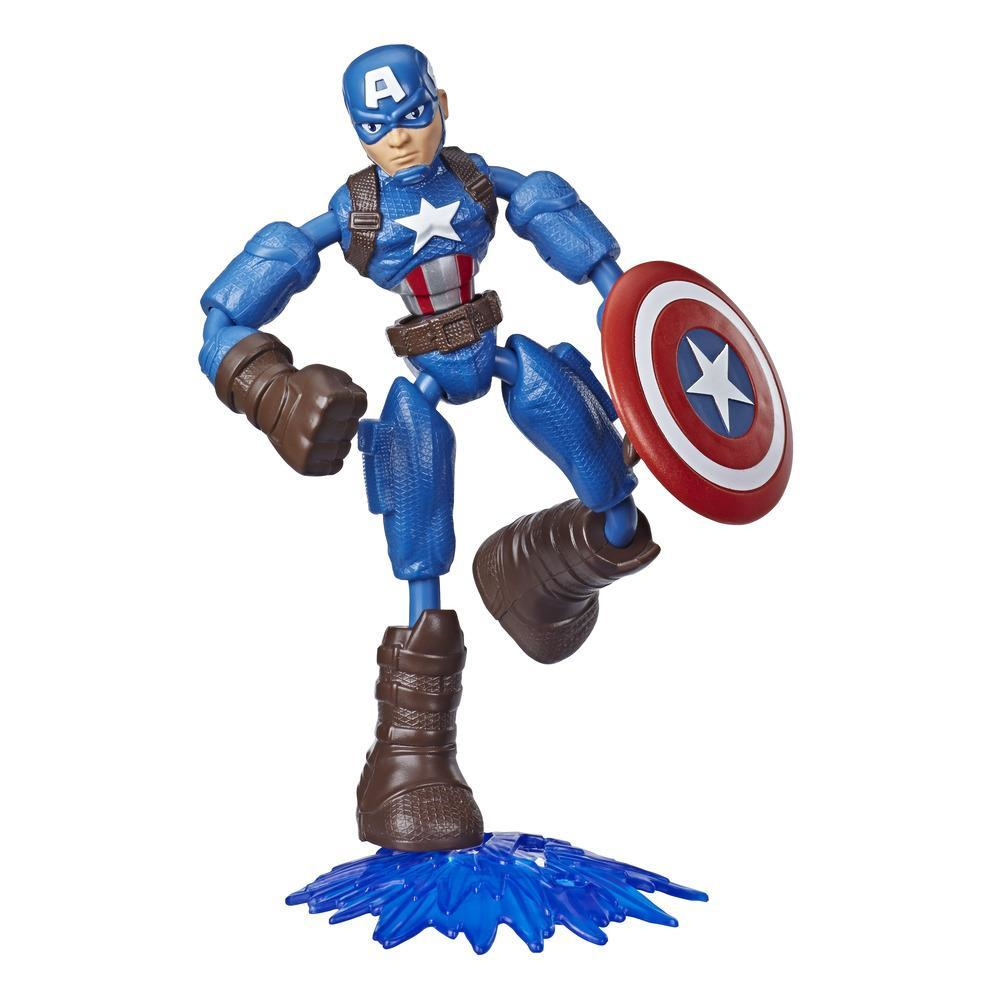 Figurka Captain America w dynamicznej pozie, kolory niebieski i brązowy.