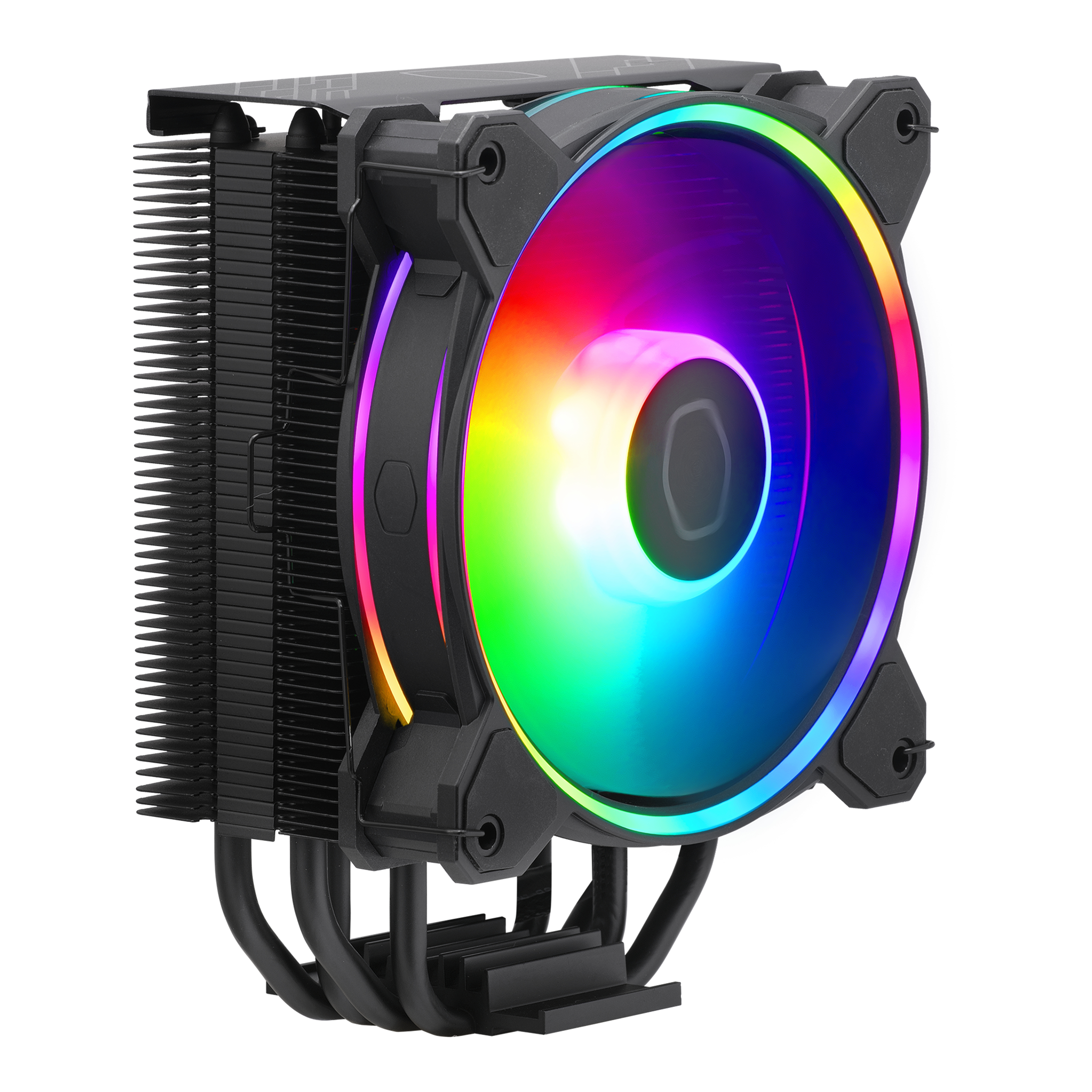Siyah çerçeveli ve çok renkli ışıklara sahip dairesel fanlı bilgisayar CPU soğutucusu.