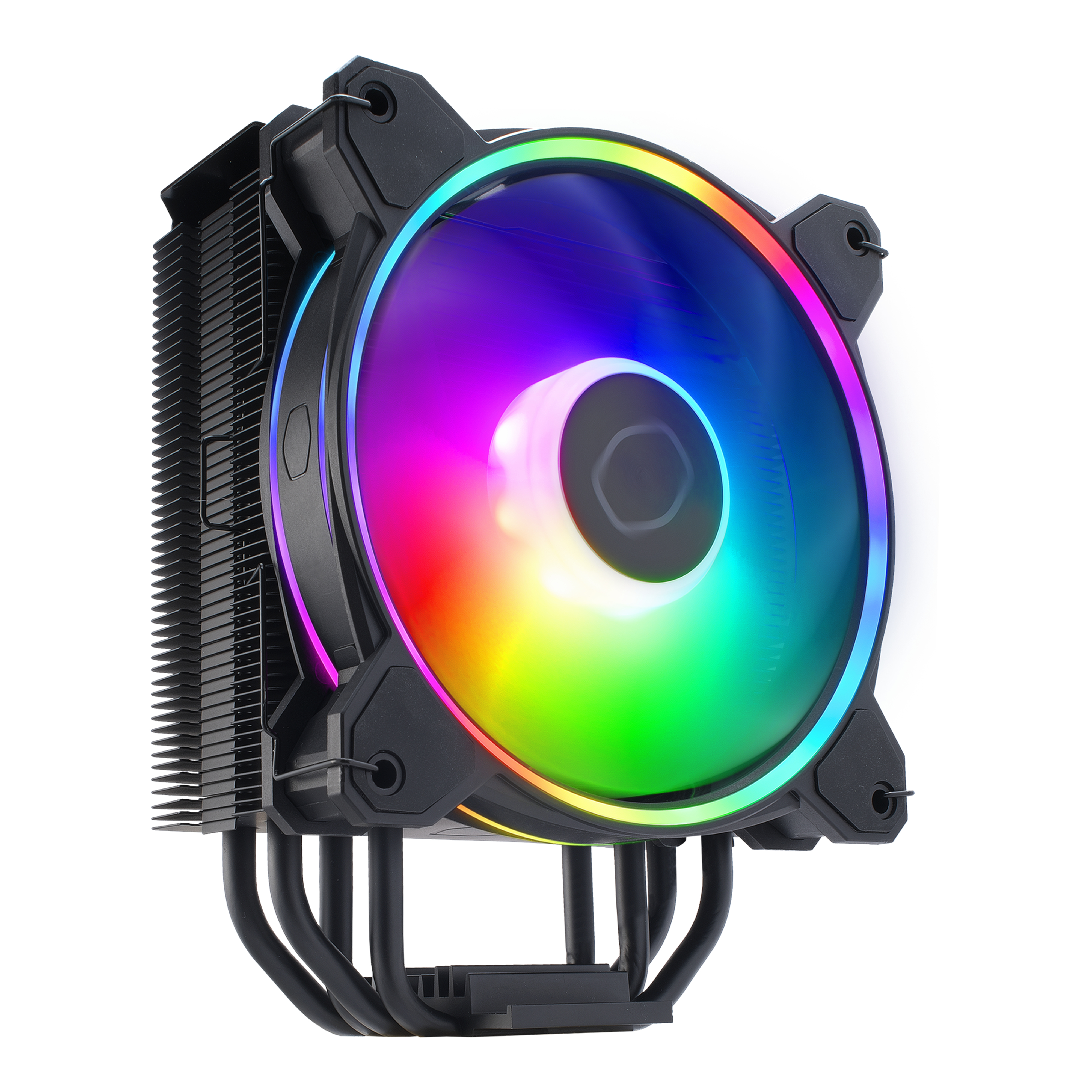 Siyah bir soğutucu ve renkli bir fana sahip bilgisayar CPU soğutucusu. Beyaz bir arka plan üzerinde.
