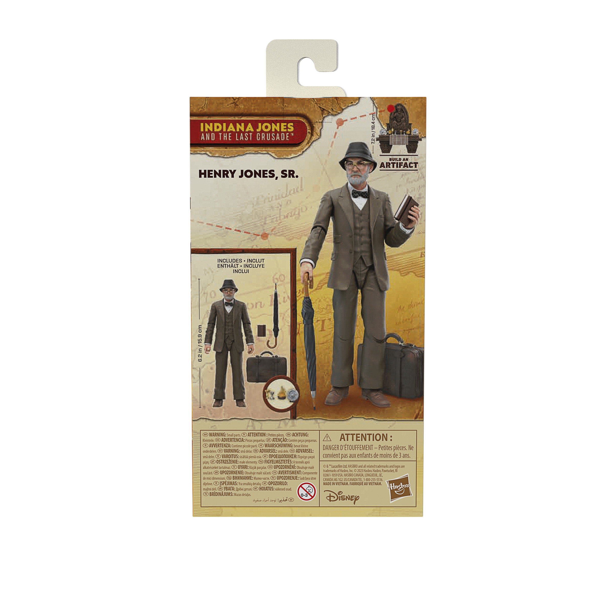 Rückseite der Henry Jones Sr. Actionfigur-Box mit Details und Warnhinweisen.