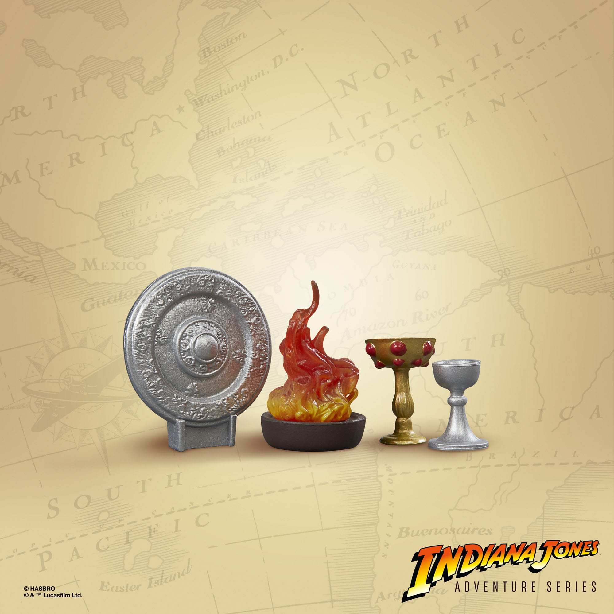 Indiana Jones Abenteuerserie-Set mit Kartenhintergrund und verschiedenen Gegenständen.