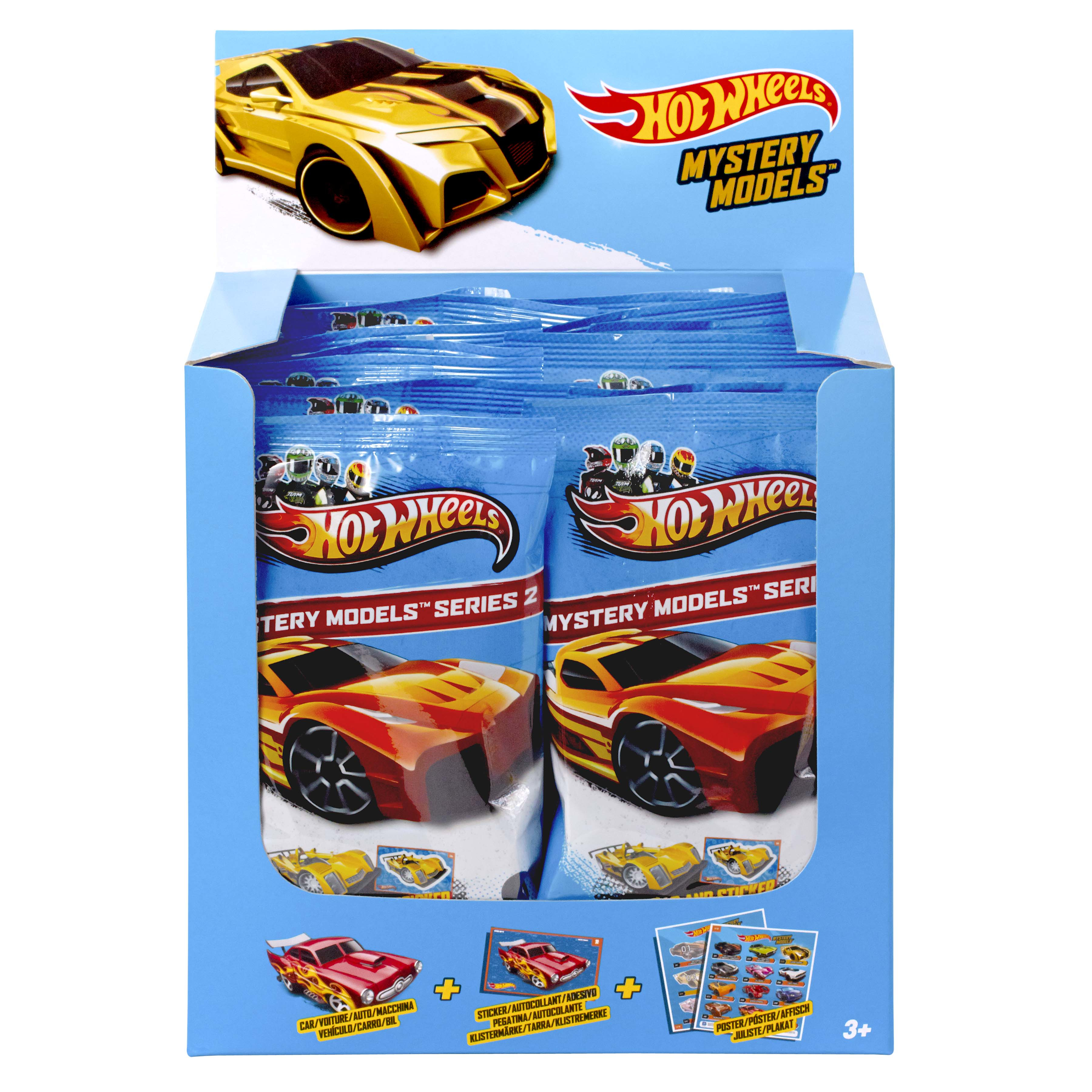 Pudełko toreb z serii Hot Wheels Mystery Models 2, z żółtym samochodem na froncie.