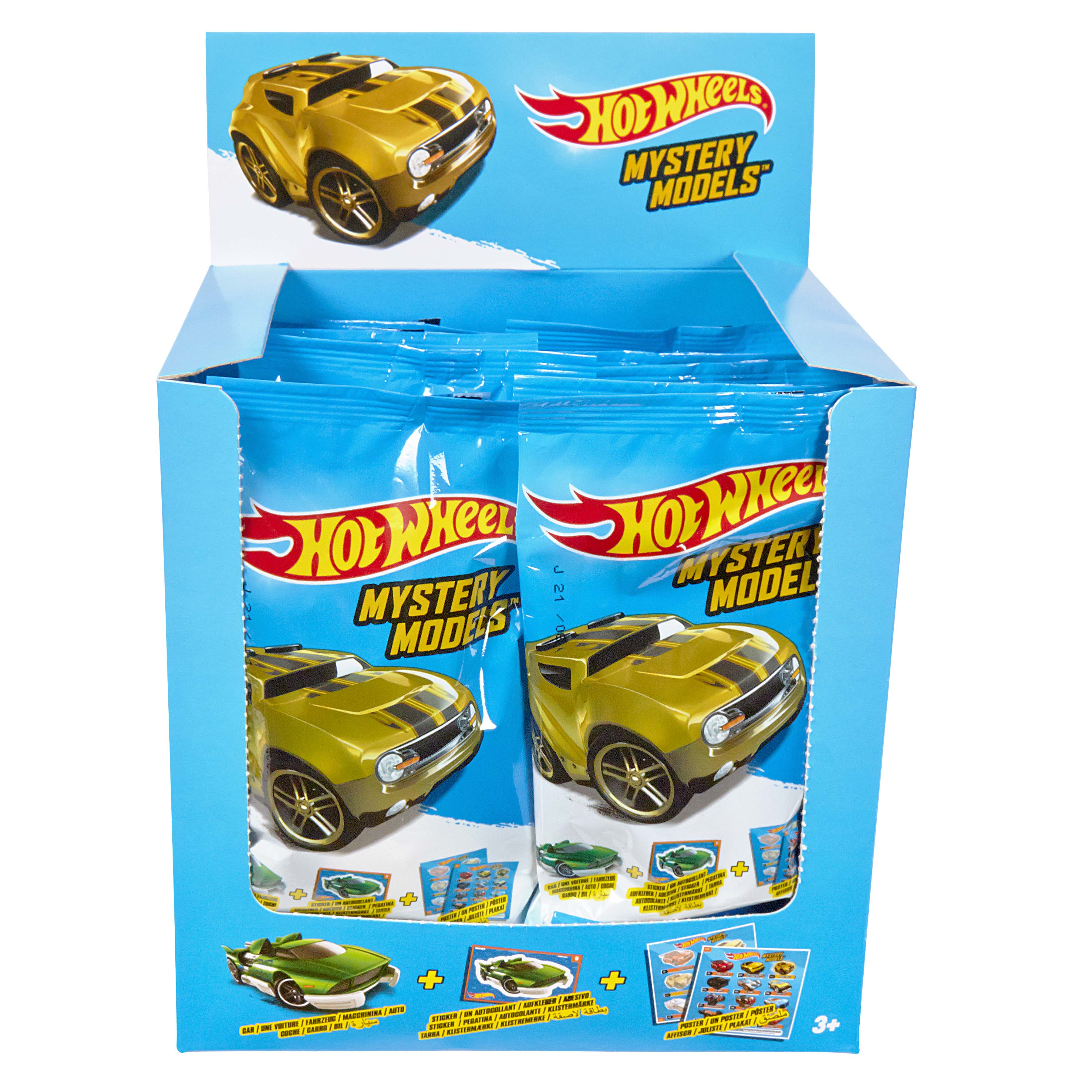 Pudełko ekspozycyjne Hot Wheels Mystery Models. Zawiera wiele zapakowanych samochodzików.