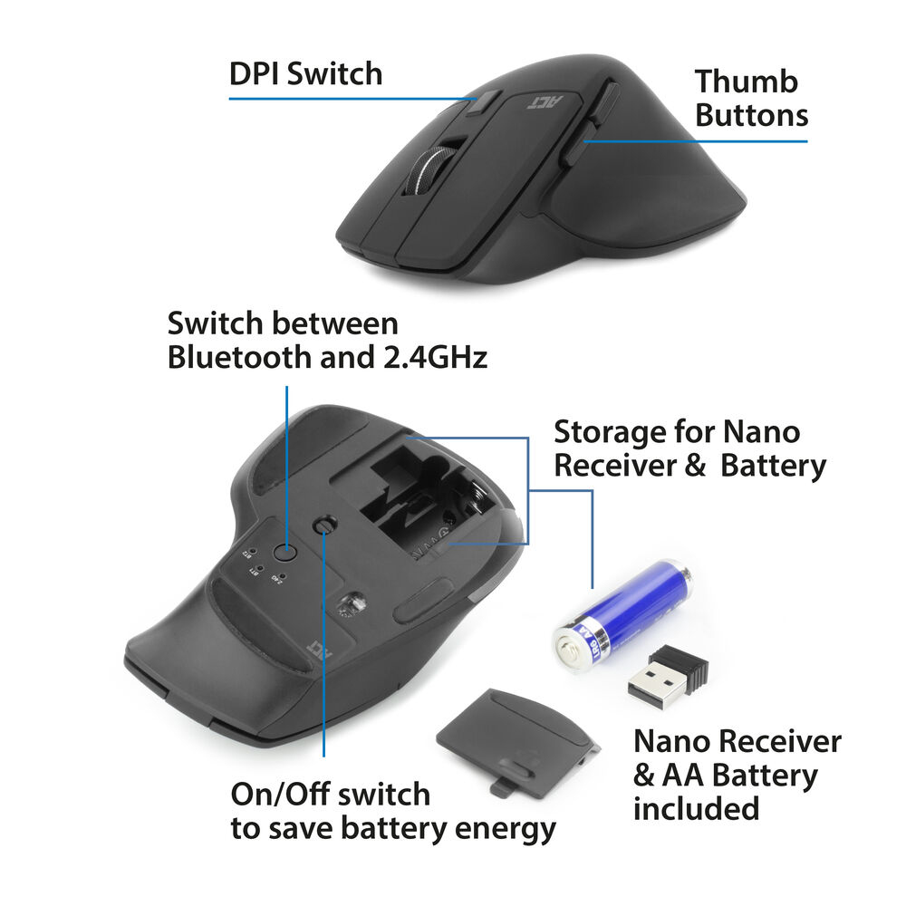 Zwarte computermuis met DPI-schakelaar, duimknoppen en batterijcompartiment.