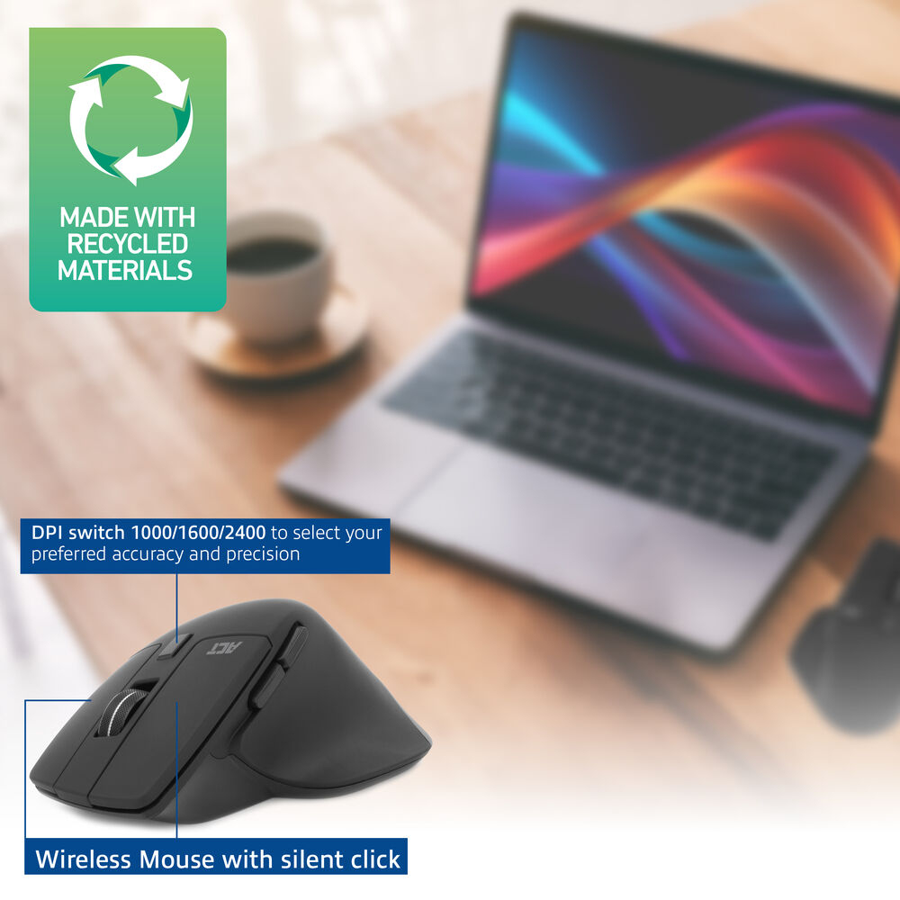 Een draadloze muis naast een laptop, met tekst die de functies beschrijft.