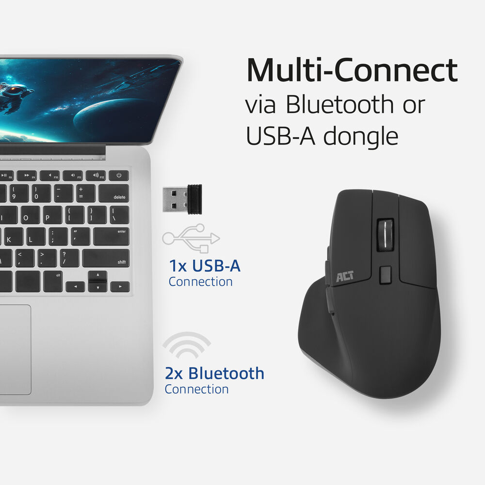 Laptop naast een zwarte muis met tekst die Bluetooth- en USB-A-verbindingen aangeeft.
