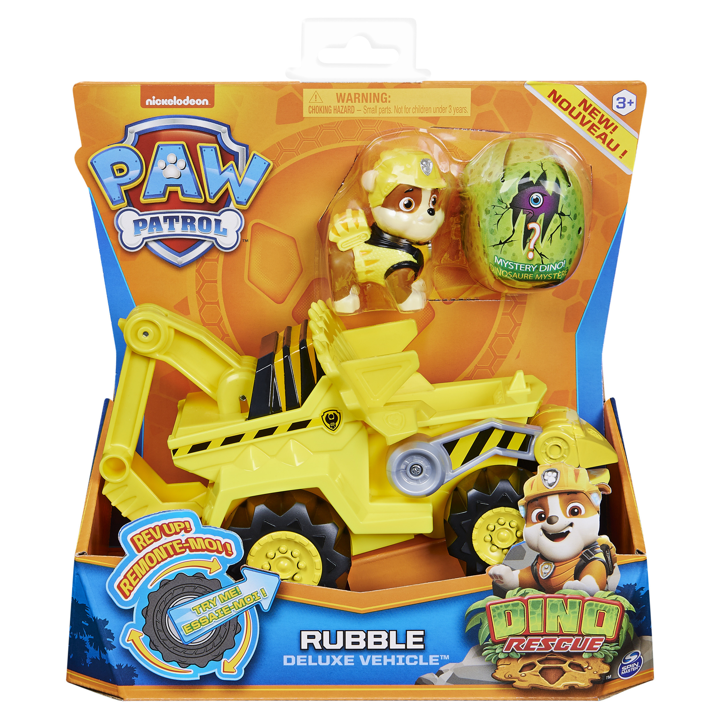 Set di giocattoli Paw Patrol Rubble Deluxe Vehicle. Include la figura di Rubble e un camion scavatore giallo.